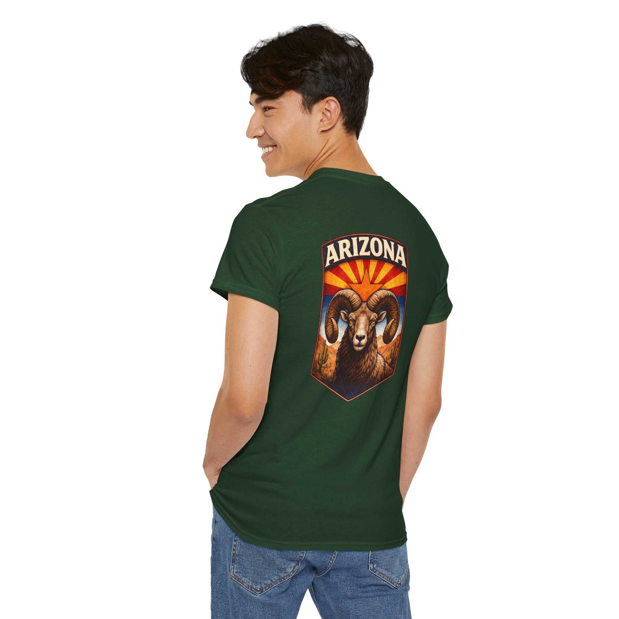 Arizona Desert Bighorn Ram T-Shirt by Big Sky Ranch Co. featuring a vintage-style ram and desert badge design.