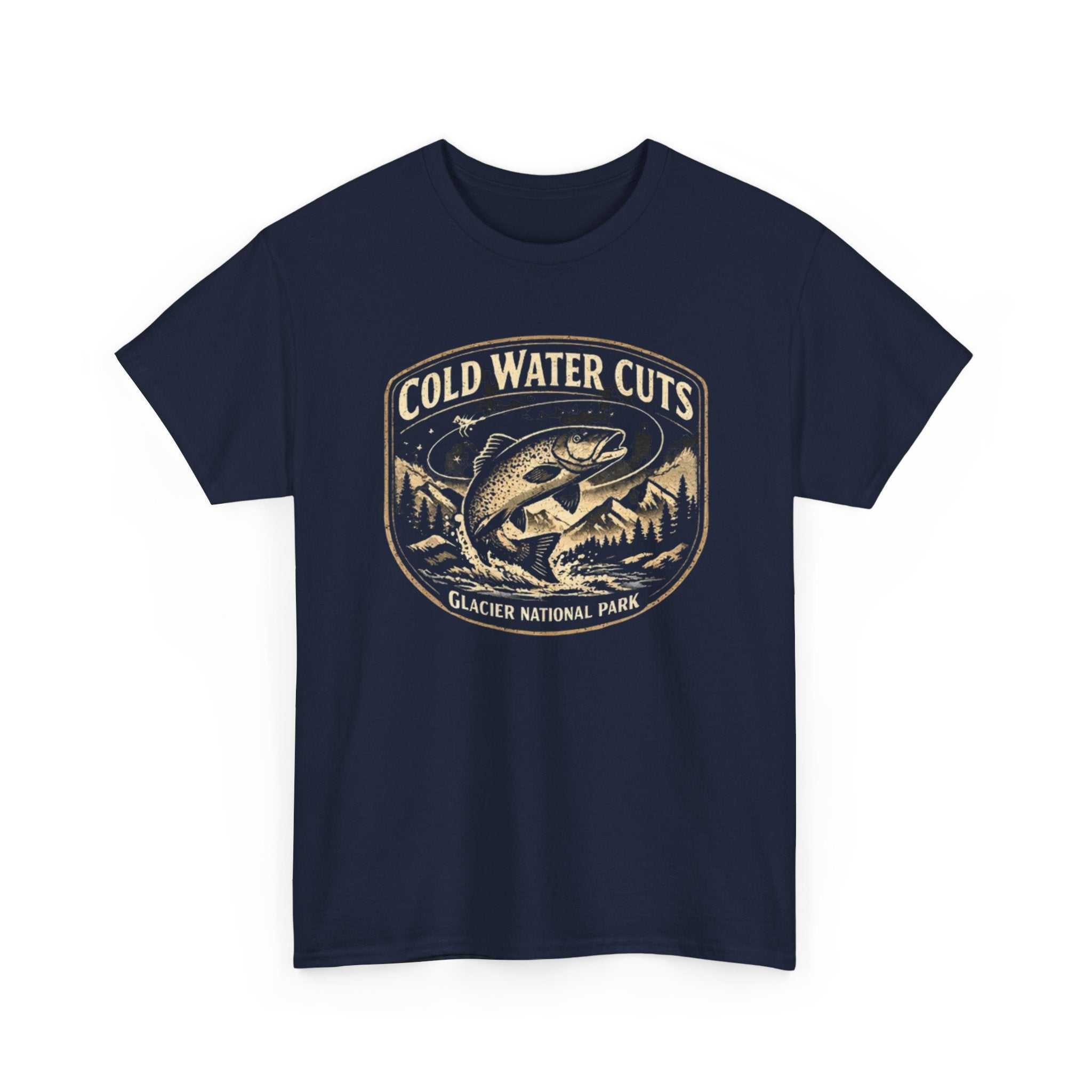 Fishing T-shirt by Big Sky Ranch Co. featuring a Glacier National Park fish graphic and "Cold Water Cuts" design.