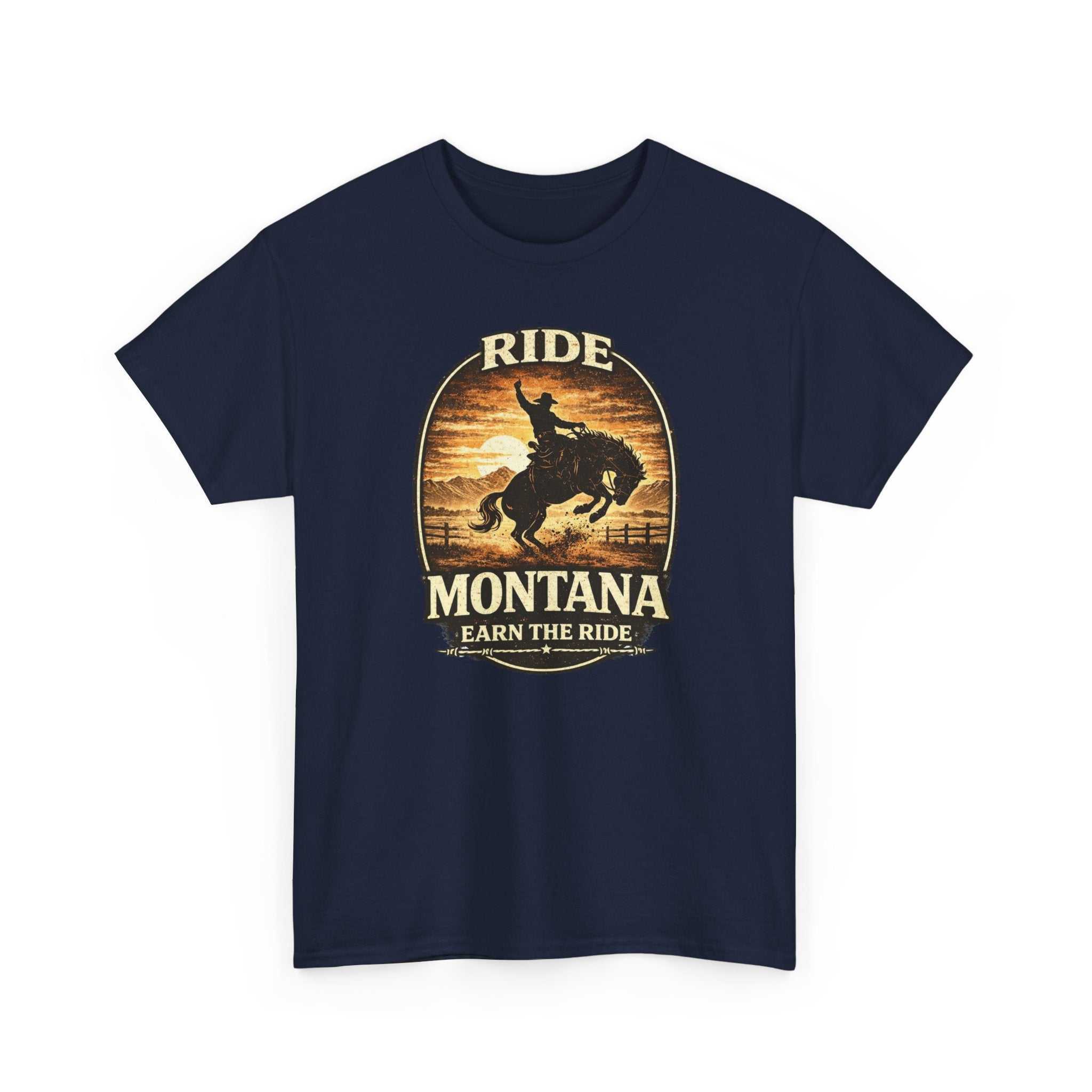 Big Sky Ranch Co. vintage Montana T-shirt featuring a Bronco cowboy riding at sunset, casual western-inspired design.