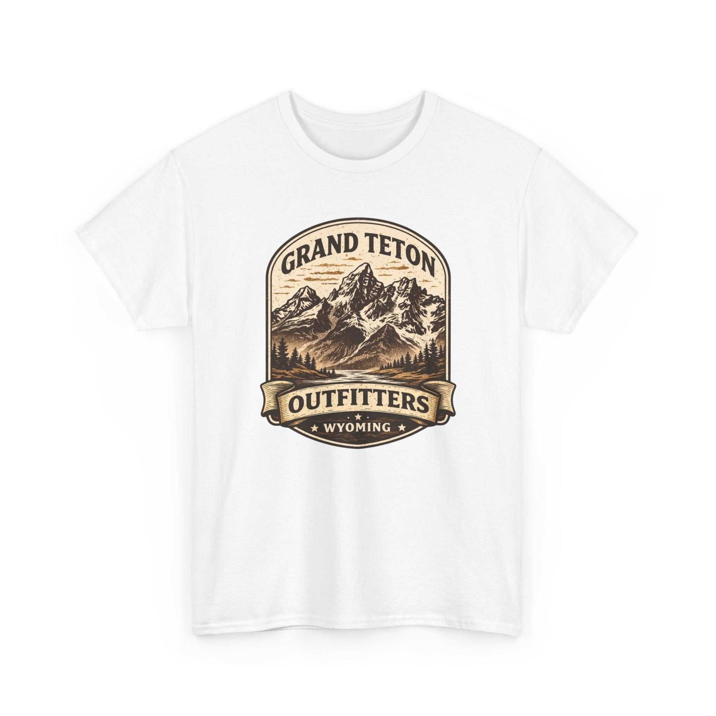 Big Sky Ranch Co. Grand Teton Outfitters Wyoming Mountain Adventure T-Shirt featuring mountain and outdoor scenery print.