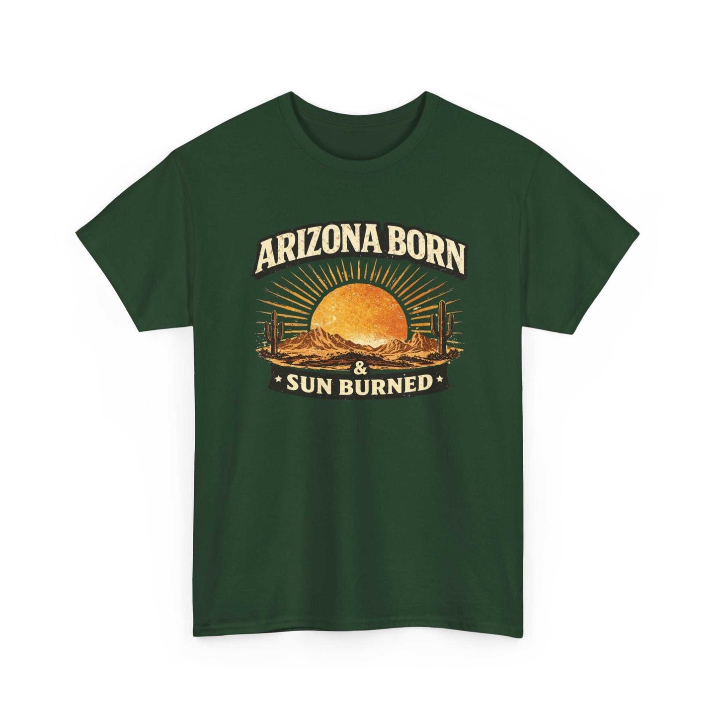 Arizona Born & Sun Burned T-Shirt by Big Sky Ranch Co. featuring a desert sunset graphic on a casual T-shirt.