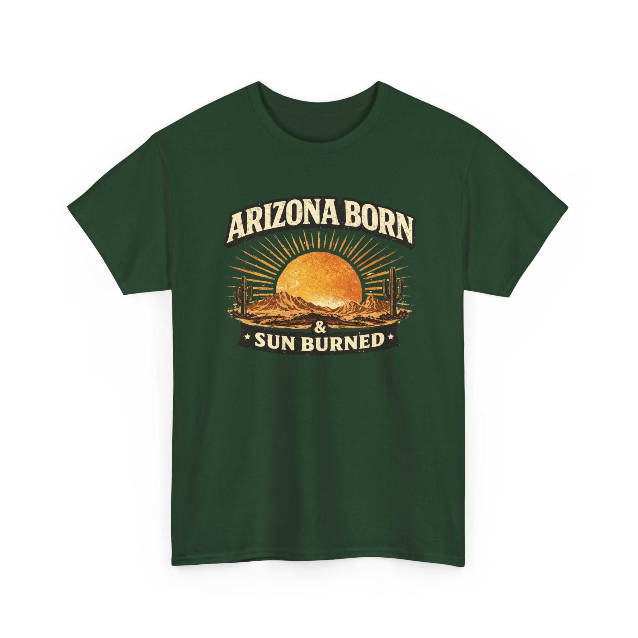 Arizona Born & Sun Burned T-Shirt by Big Sky Ranch Co. featuring a desert sunset graphic on a casual T-shirt.