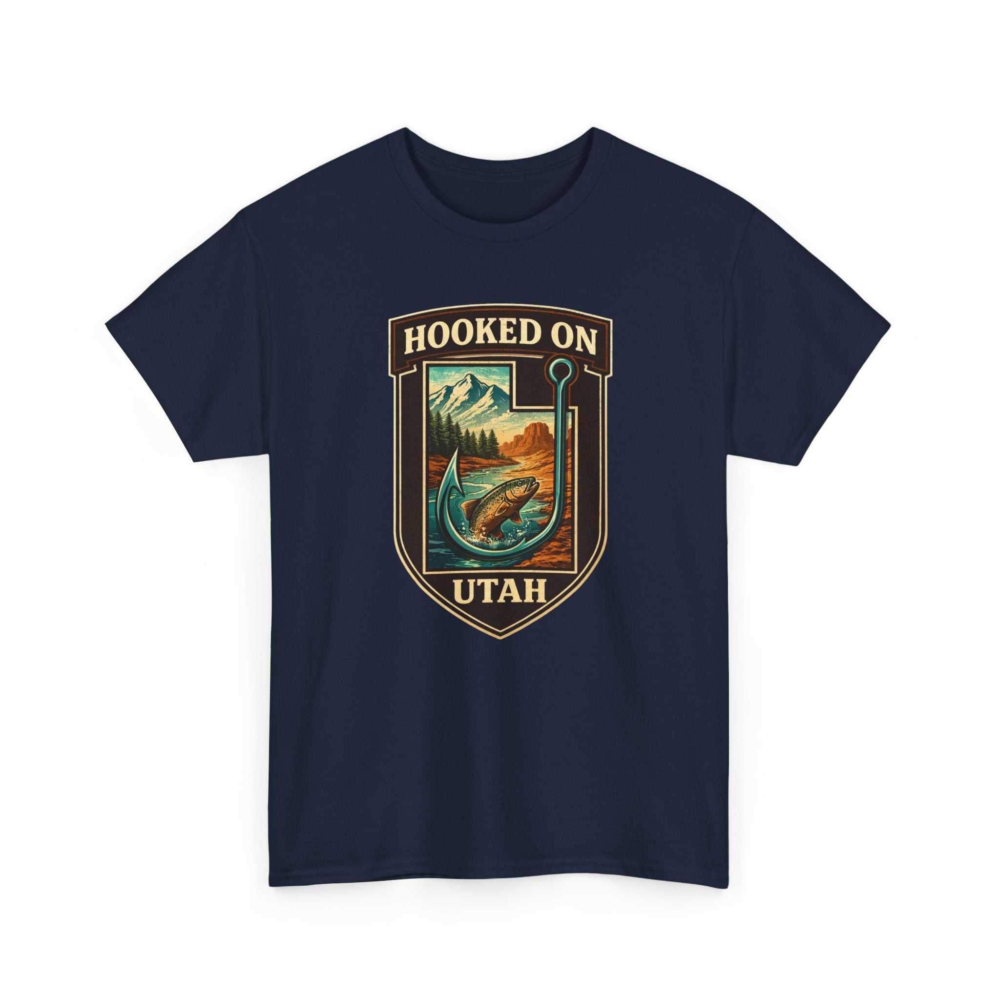 Vintage outdoor fly fishing T-shirt by Big Sky Ranch Co., featuring hooked on Utah fishing design on a casual tee.