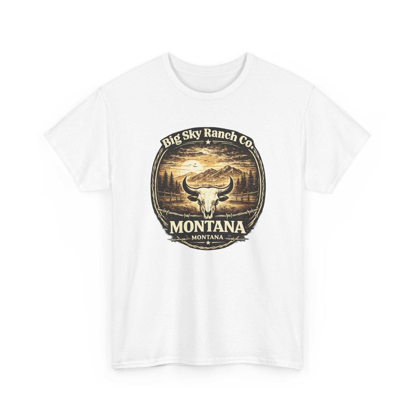 Big Sky Ranch Co. Montana Ranch Co. T-shirt featuring a large bull skull graphic on the front, casual western-inspired tee.