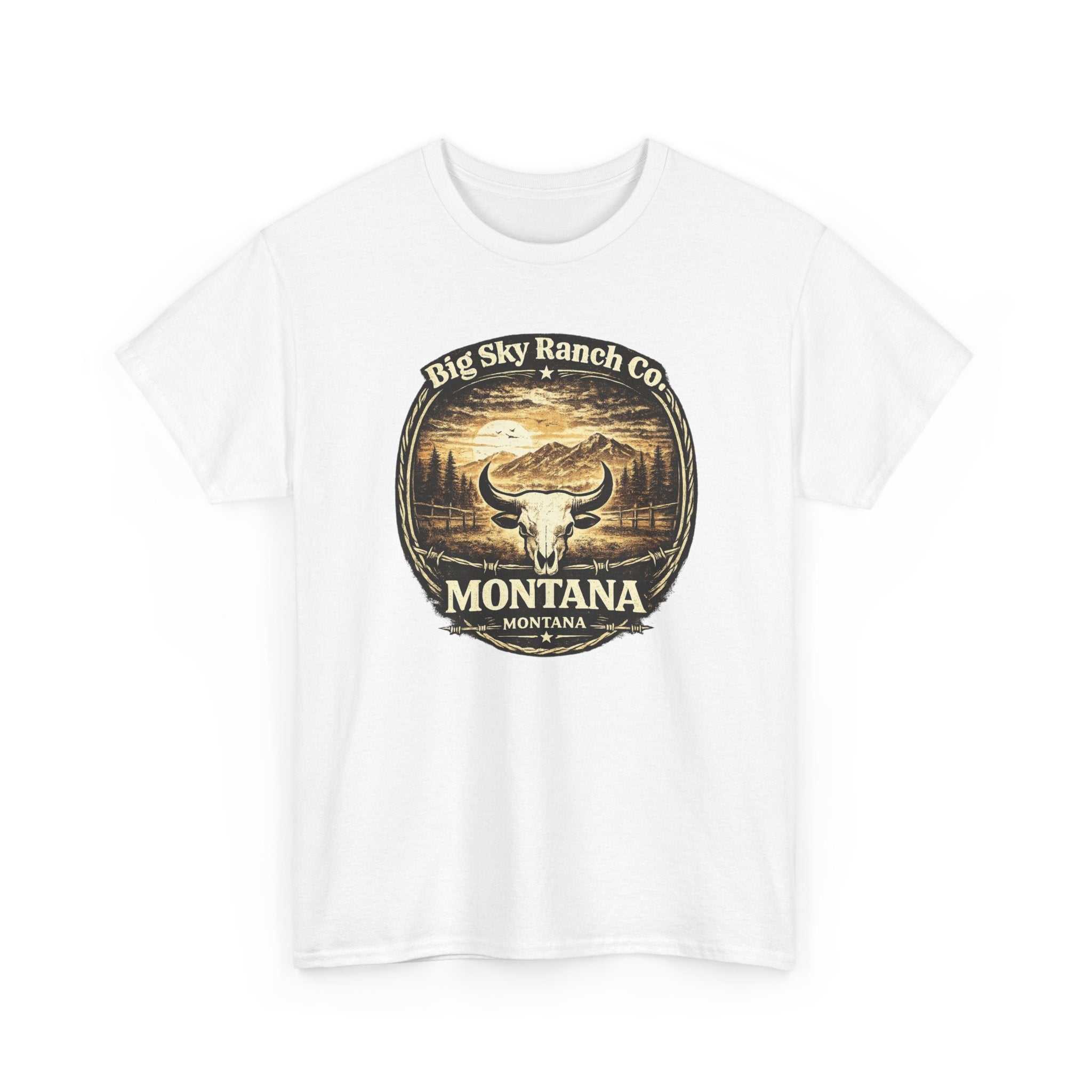 Big Sky Ranch Co. Montana Ranch Co. T-shirt featuring a large bull skull graphic on the front, casual western-inspired tee.