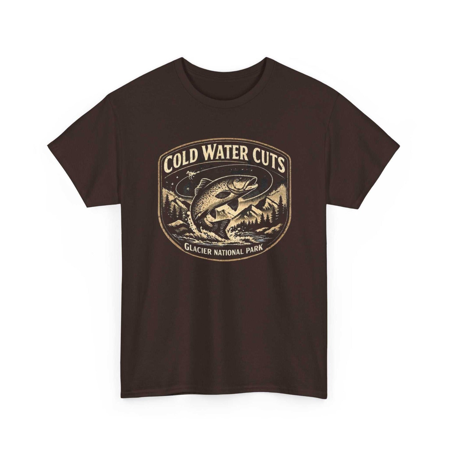 Fishing T-shirt with Glacier National Park fish graphic by Big Sky Ranch Co., featuring a cold water cuts design.