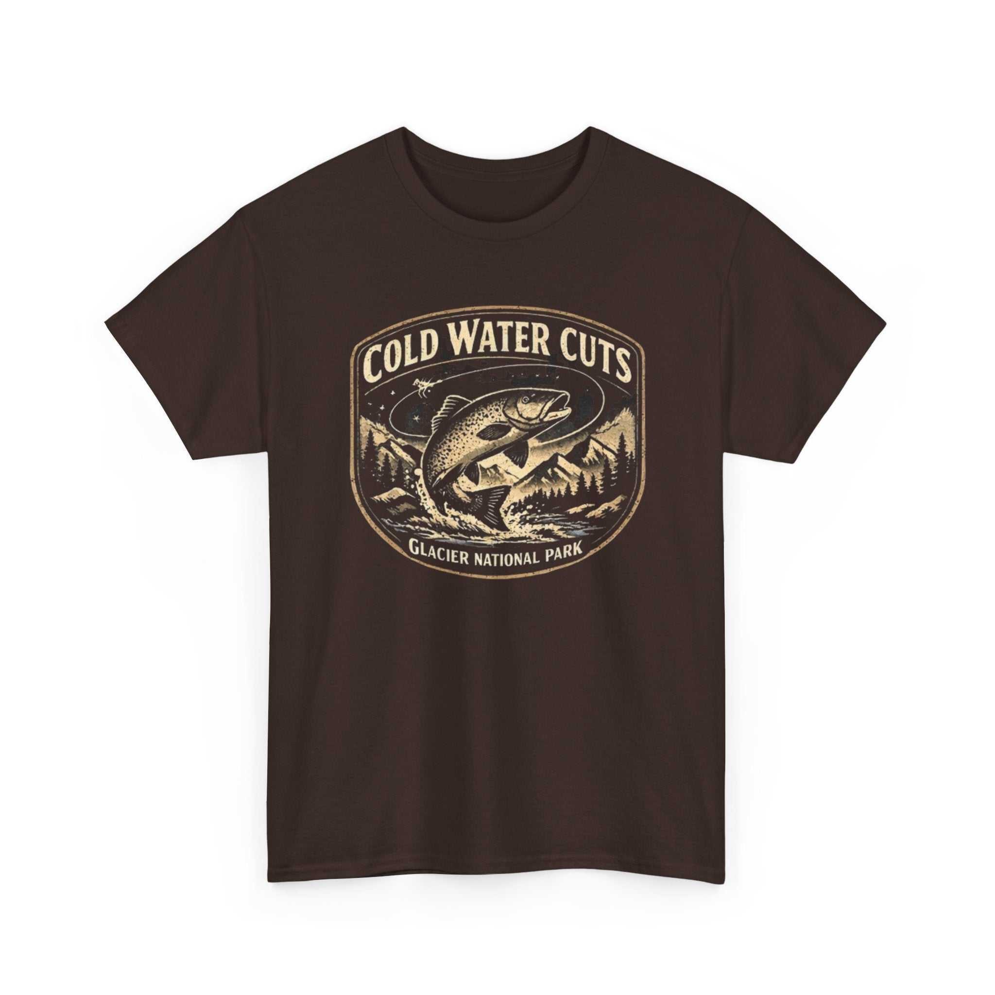 Fishing T-shirt with Glacier National Park fish graphic by Big Sky Ranch Co., featuring a cold water cuts design.