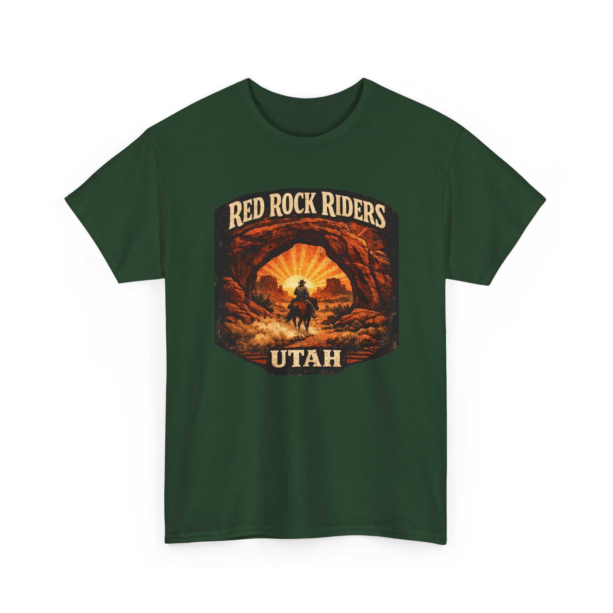 Red Rock Riders Utah vintage motorcycle sunset graphic T-shirt by Big Sky Ranch Co. displayed on a model.