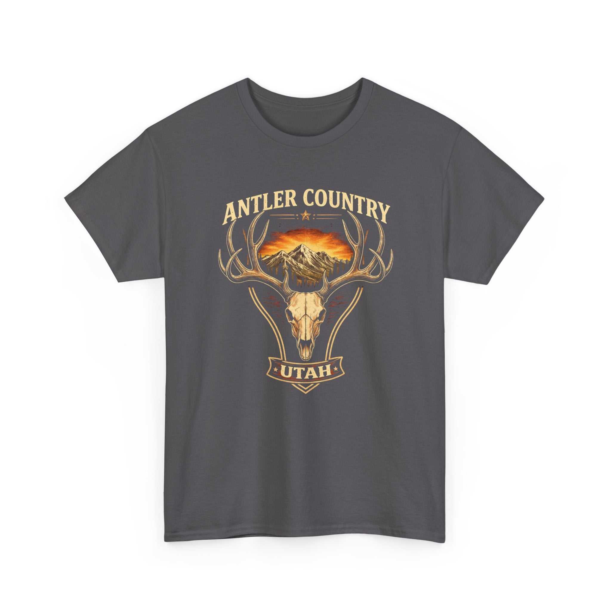 Vintage Utah Antler Country T-Shirt by Big Sky Ranch Co. featuring a deer skull and mountain graphic on soft fabric.