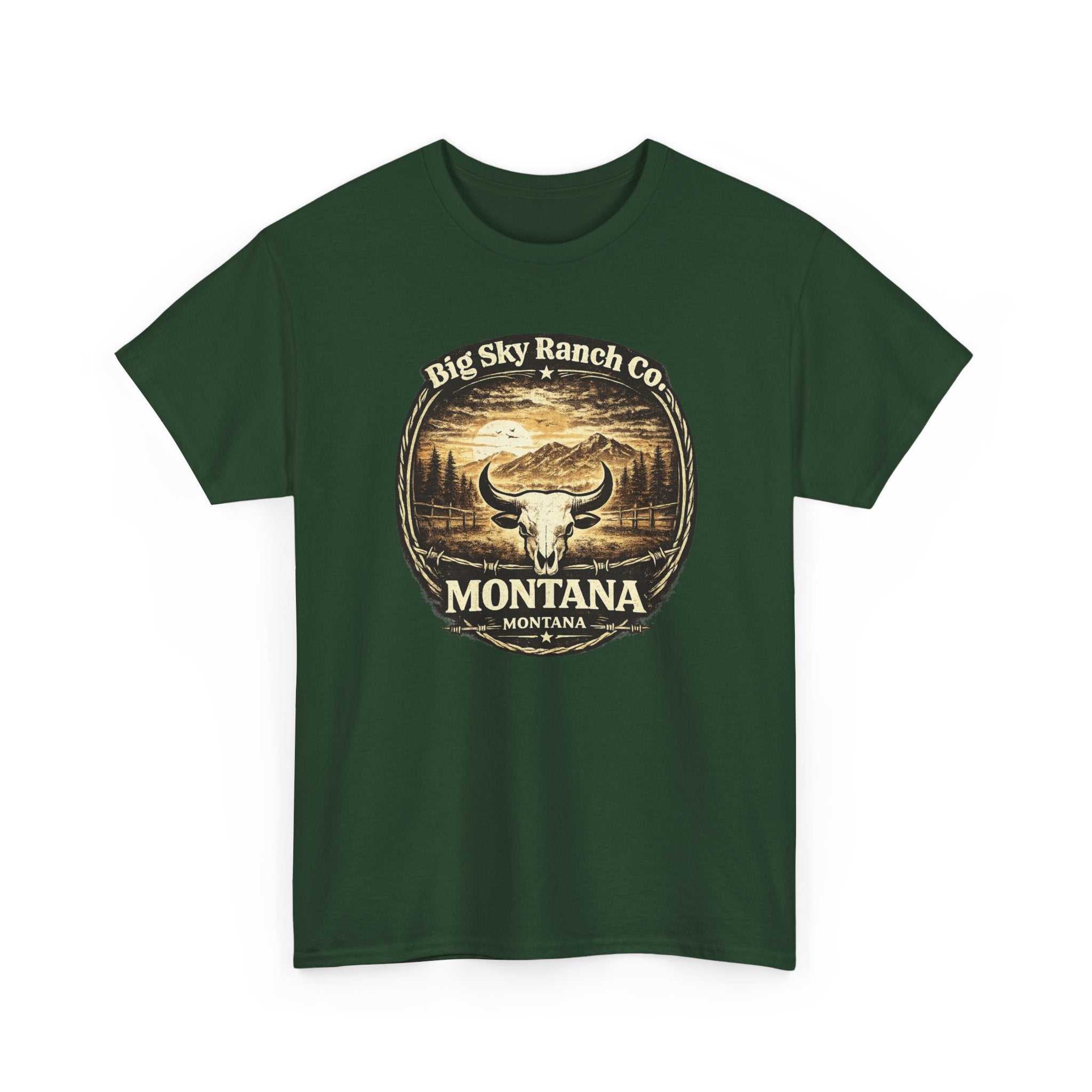 Big Sky Ranch Co. Montana Ranch Co. Tee featuring a bold bull skull graphic on a casual T-shirt for ranch and outdoor enthusiasts.