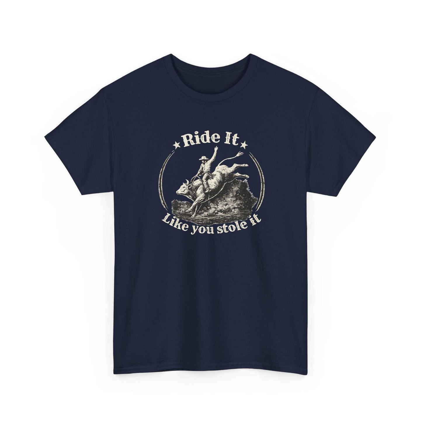 Vintage rodeo graphic T-shirt by Big Sky Ranch Co. featuring bold "Ride It Like You Stole It" print on soft cotton fabric.