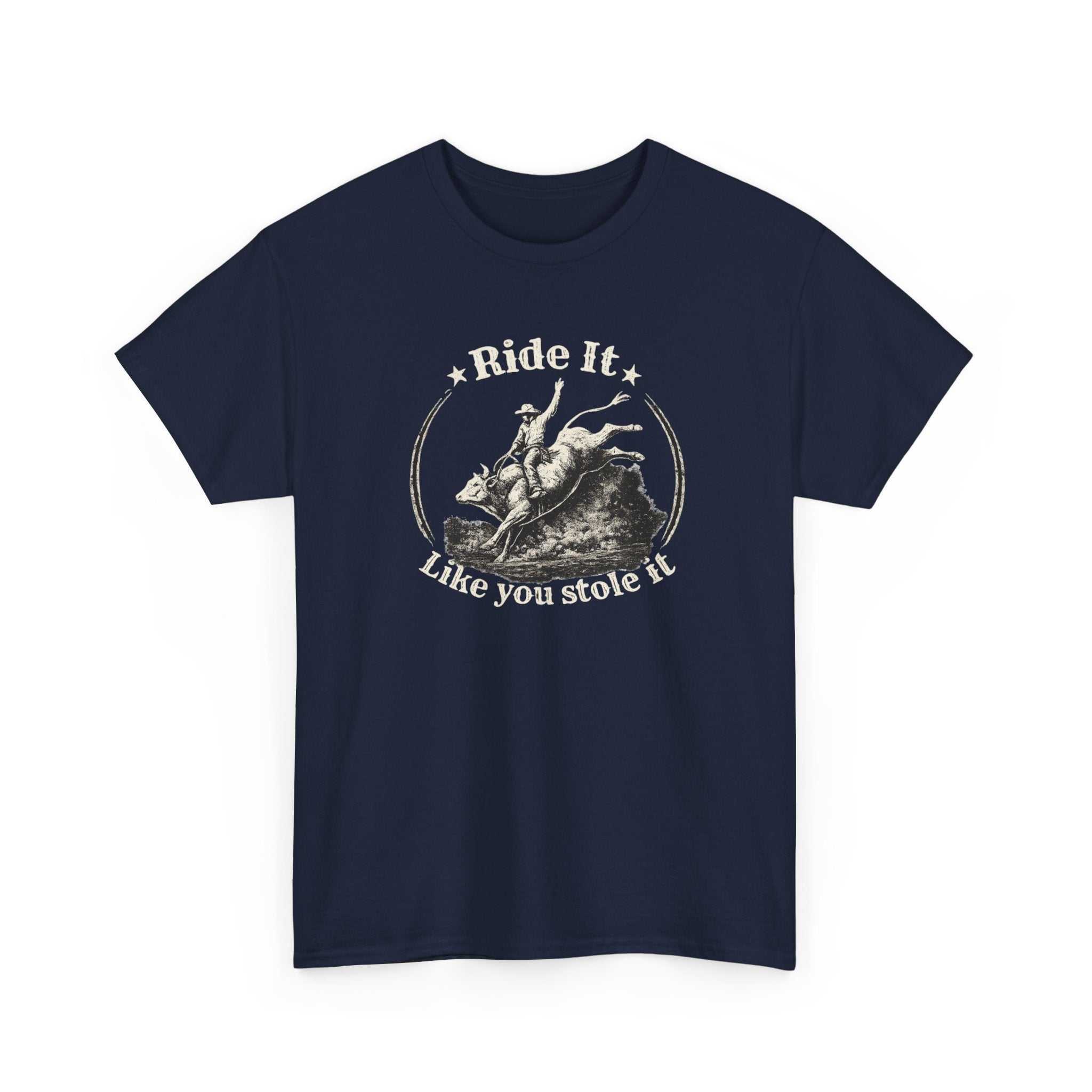 Vintage rodeo graphic T-shirt by Big Sky Ranch Co. featuring bold "Ride It Like You Stole It" print on soft cotton fabric.