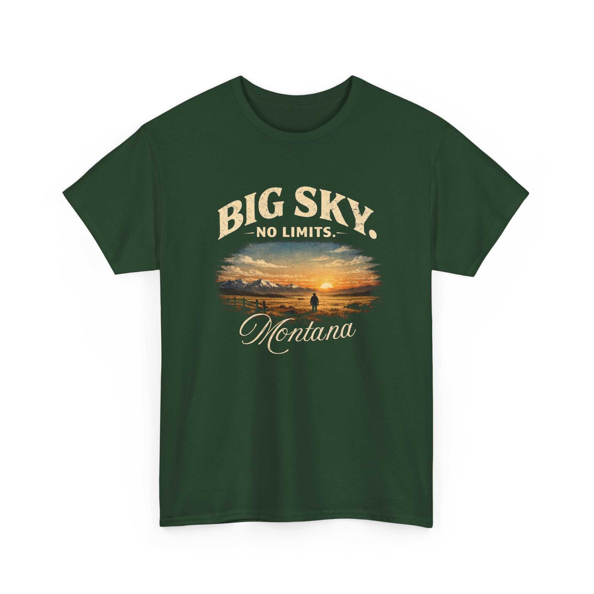 Big Sky Montana T-shirt by Big Sky Ranch Co. featuring a vintage sunset landscape graphic.