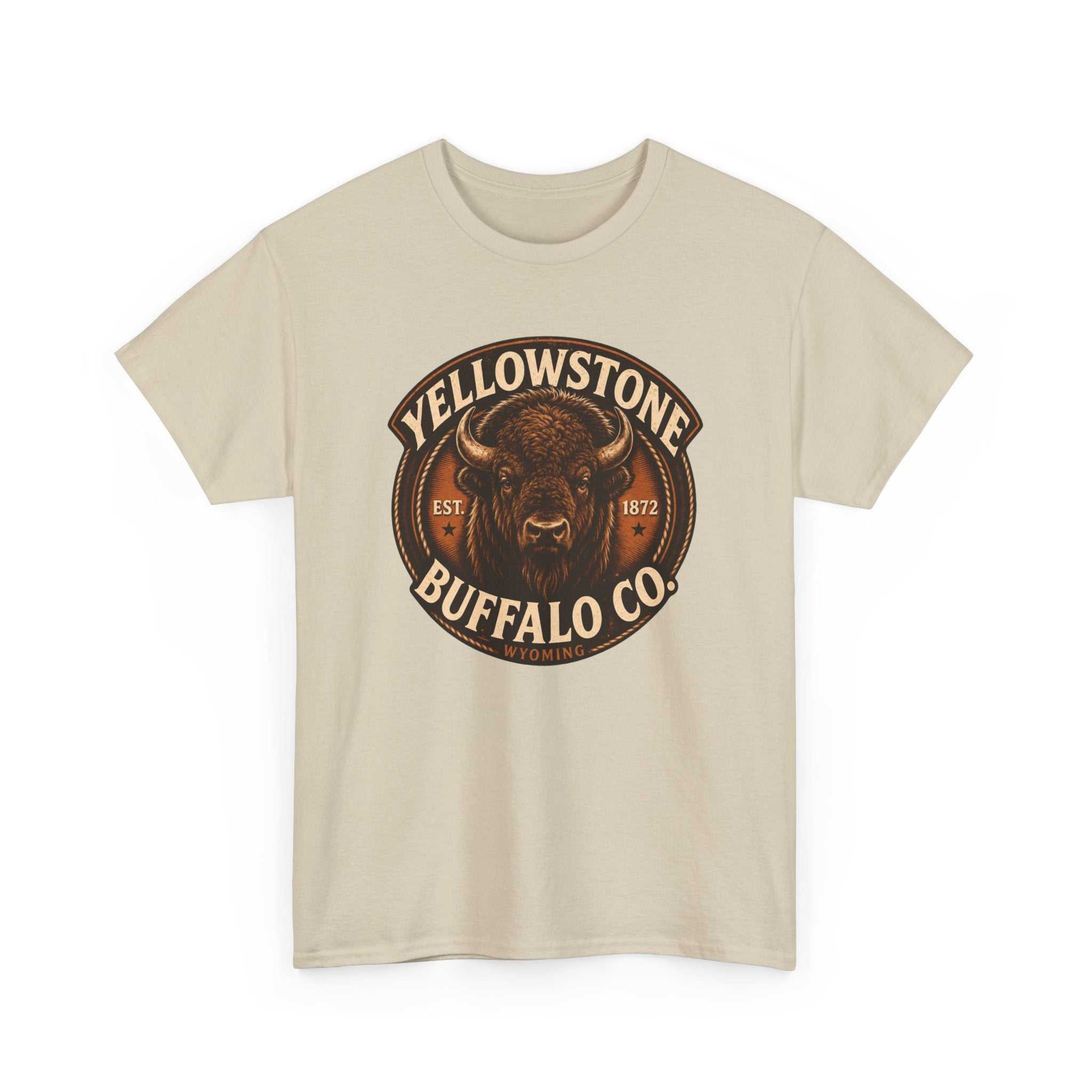Vintage rustic Yellowstone Buffalo Co. T-Shirt by Big Sky Ranch Co. featuring a buffalo graphic on soft cotton fabric.