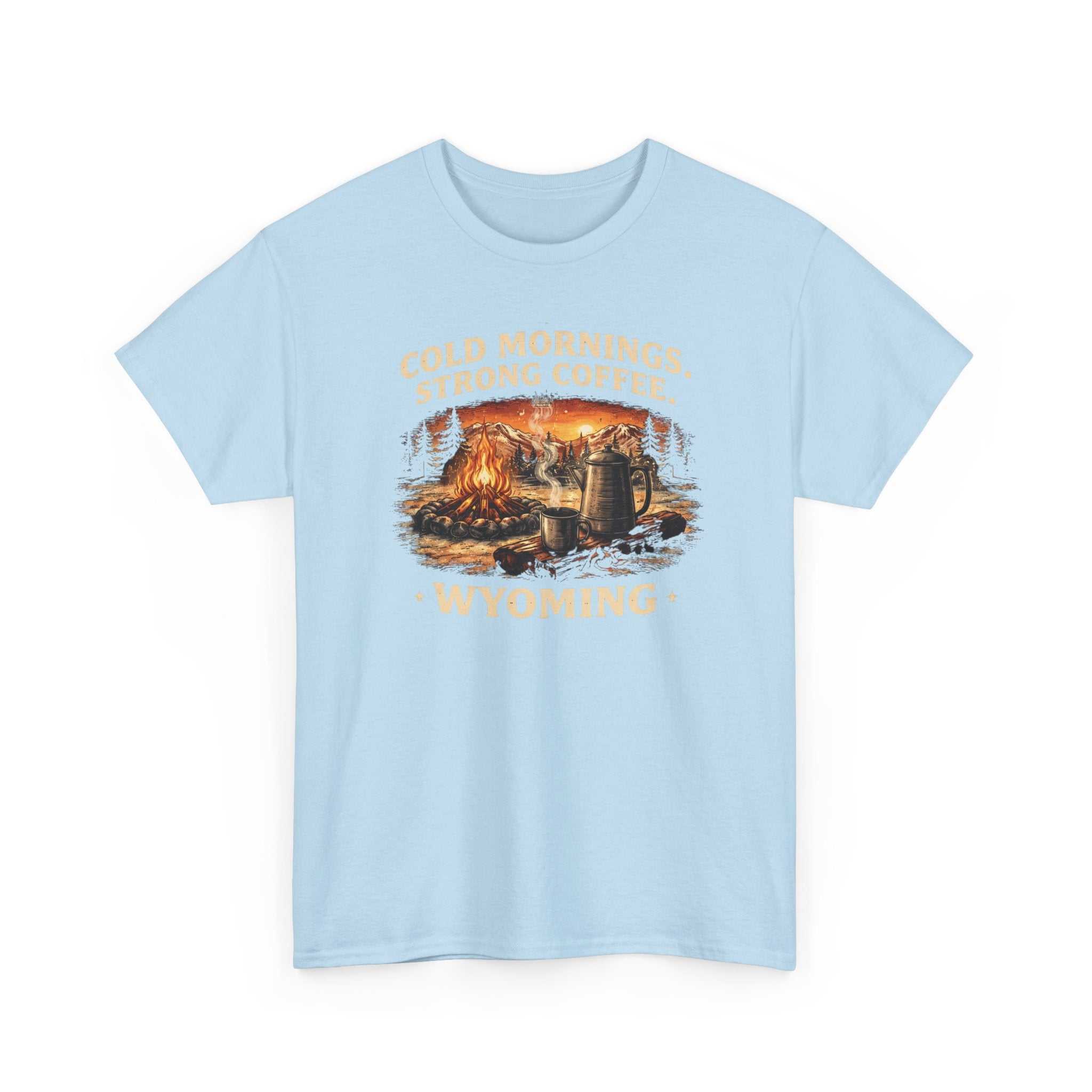 Big Sky Ranch Co. Wyoming Campfire T-shirt with outdoor graphic and "Cold Mornings, Strong Coffee" slogan on soft cotton tee