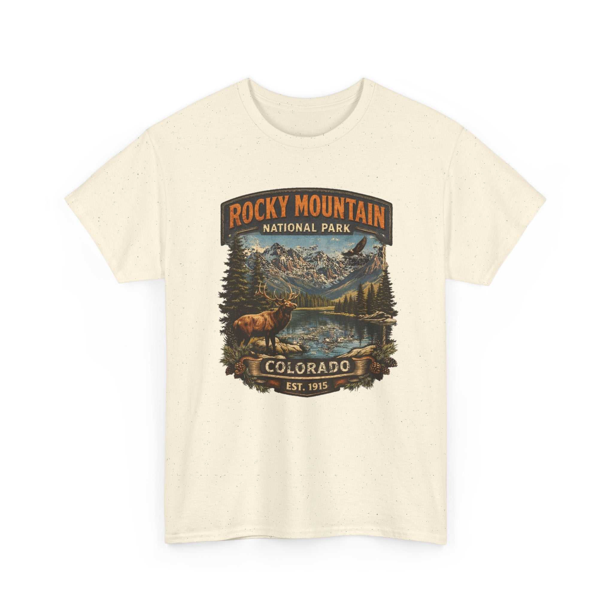 Big Sky Ranch Co. Rocky Mountain National Park Colorado graphic T-shirt with vintage outdoors elk design, showcasing nature-inspired artwork.