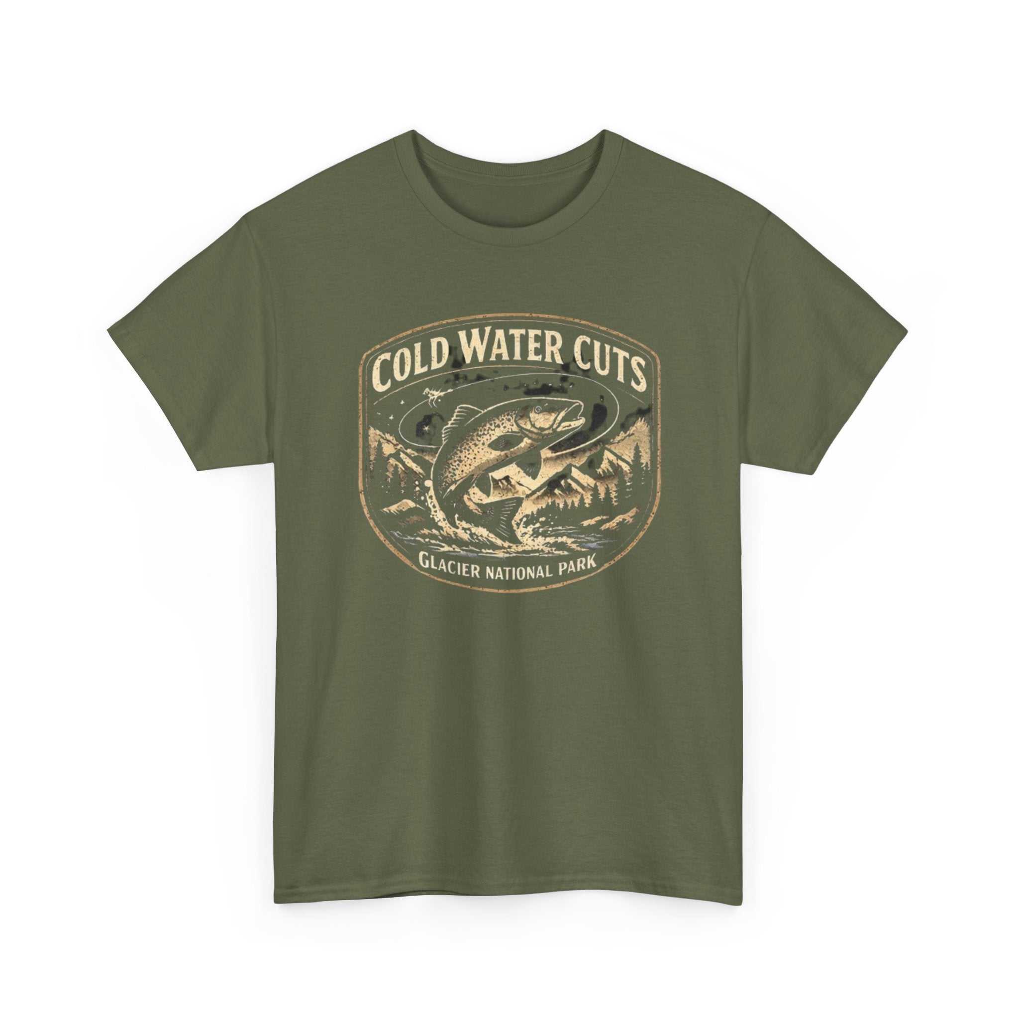 Fishing T-shirt by Big Sky Ranch Co. featuring a glacier national park fish graphic and "Cold Water Cuts" design.