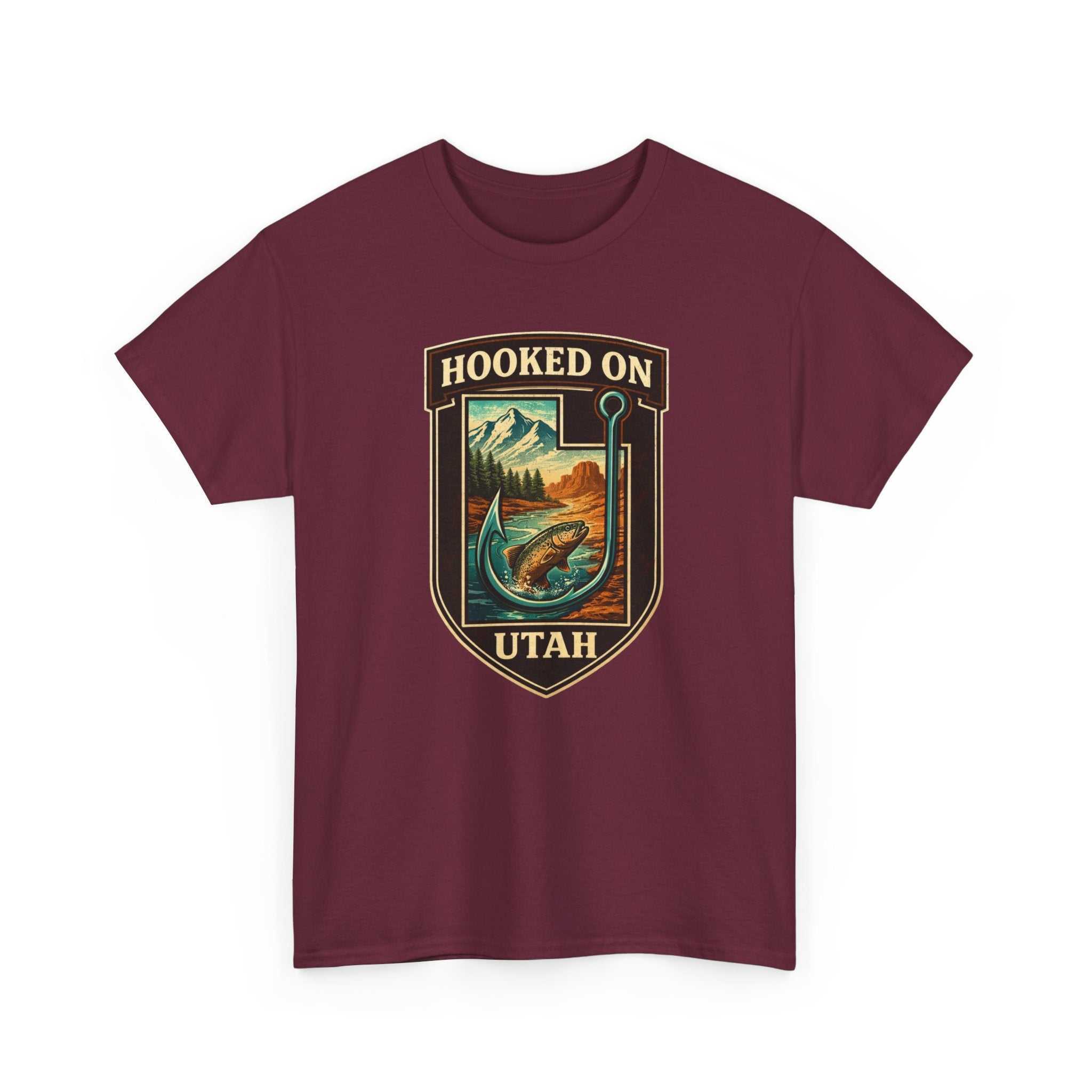 Vintage outdoors fly fishing T-shirt by Big Sky Ranch Co. featuring a hook and Utah fishing scene on a comfortable cotton tee.