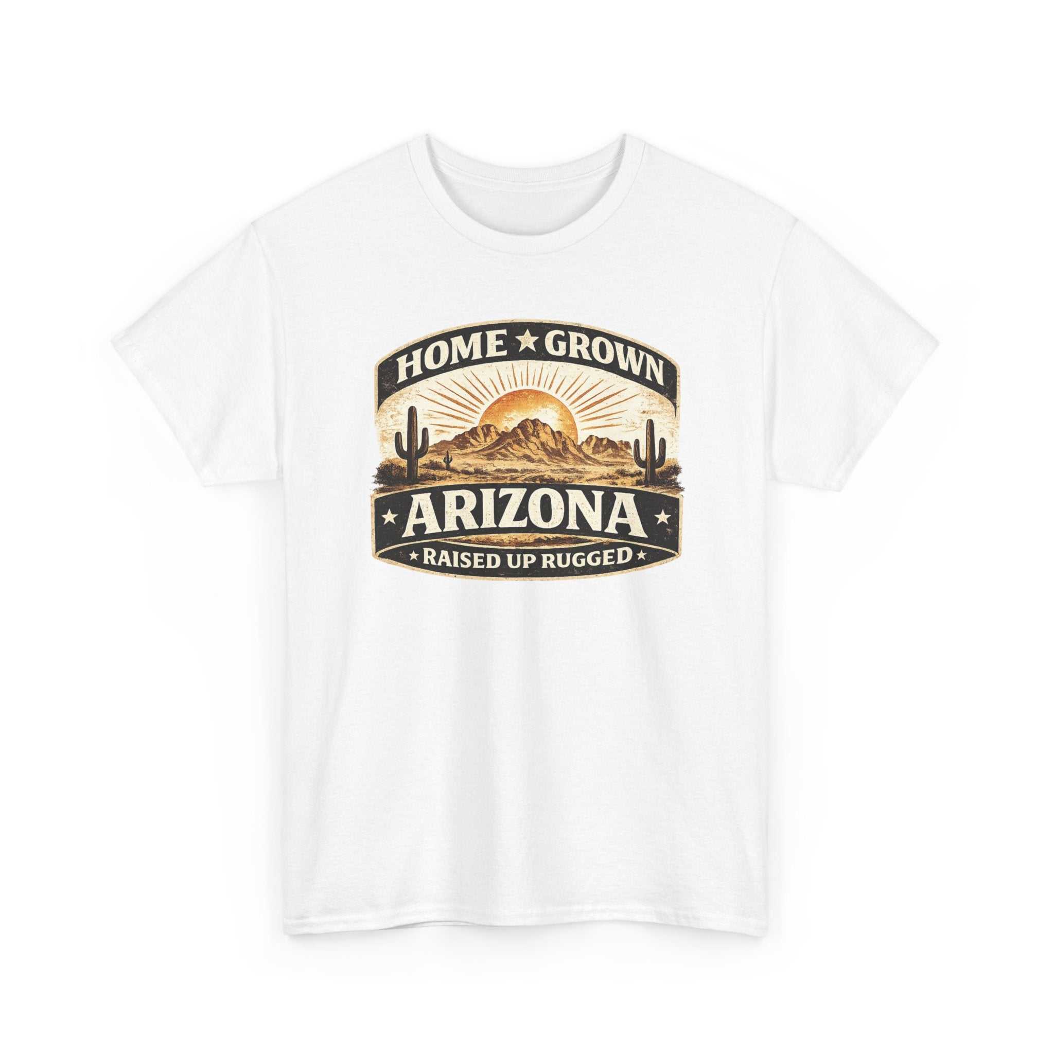 Big Sky Ranch Co. Arizona Home Grown T-Shirt with desert sunset design and "Raised Up Rugged" slogan, casual Arizona-themed apparel.