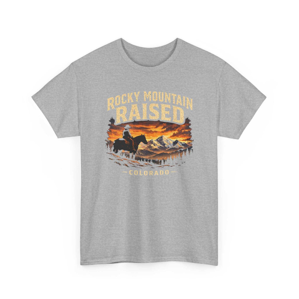Big Sky Ranch Co. Rocky Mountain Raised Colorado Western cowboy sunset T-shirt featuring mountain and sunset graphic.