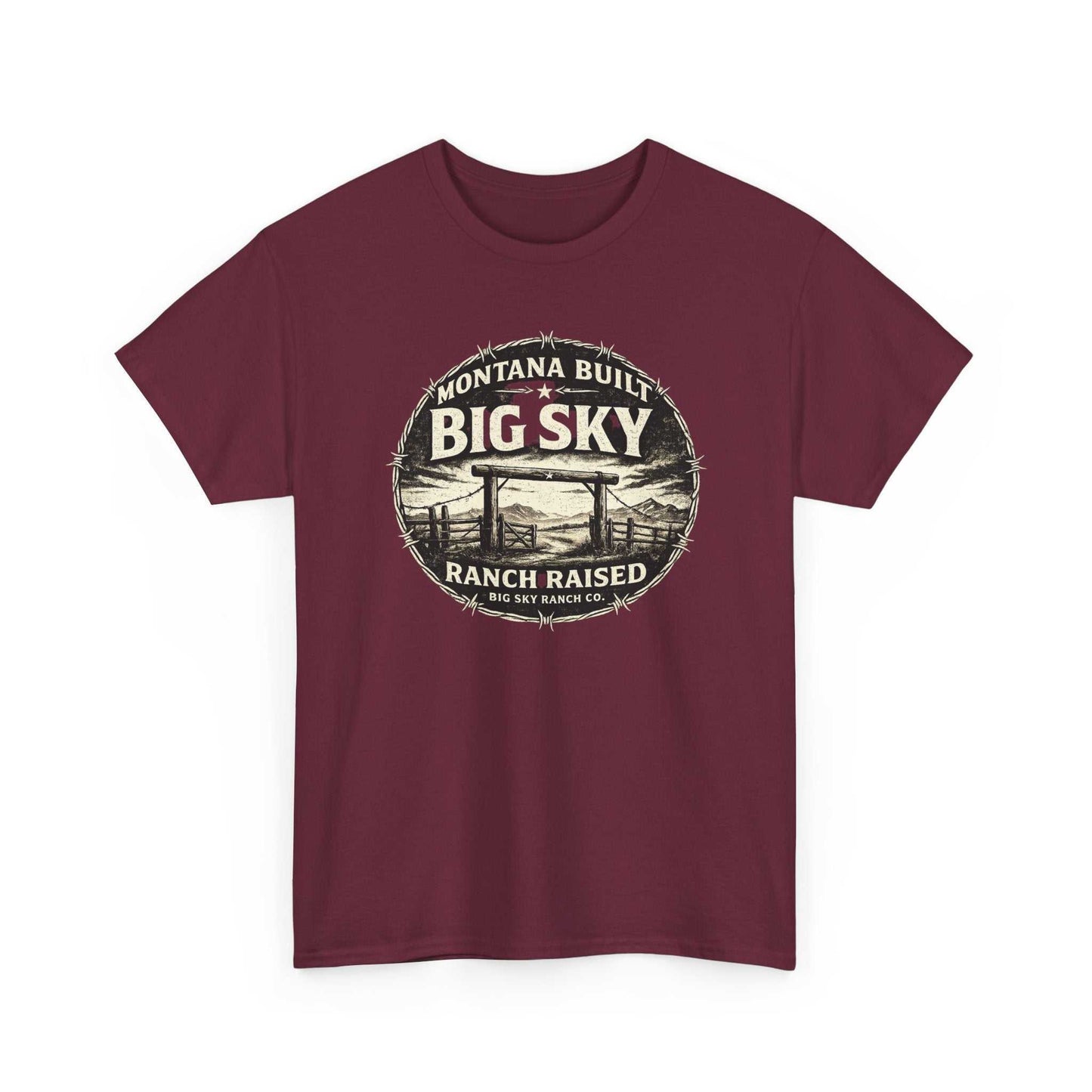 Big Sky Ranch Co. T-shirt with "Montana Built, Ranch Raised" graphic, showcasing a casual Western-style design.