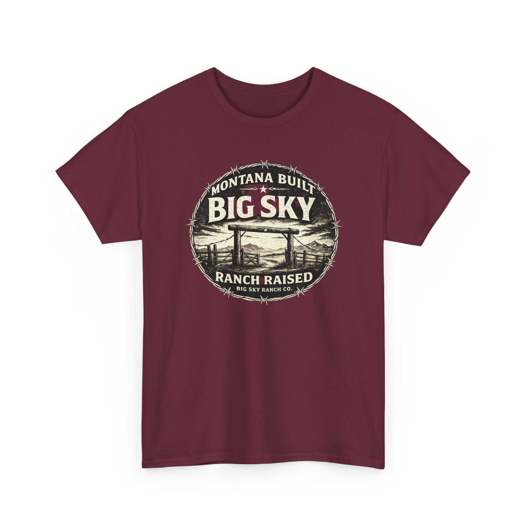 Big Sky Ranch Co. T-shirt with "Montana Built, Ranch Raised" graphic, showcasing a casual Western-style design.