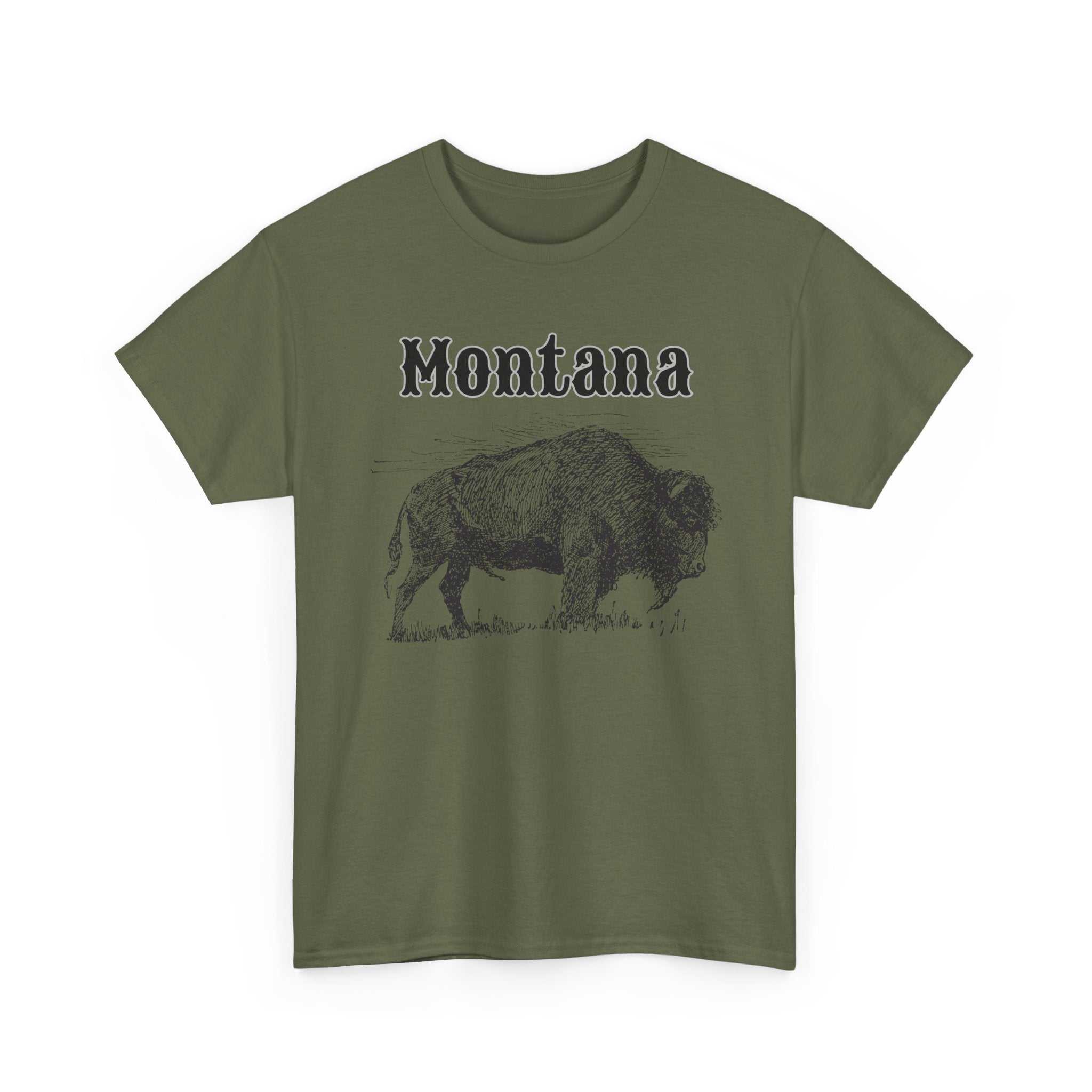 Big Sky Ranch Co. Montana Bison T-Shirt with vintage buffalo graphic, casual cotton tee featuring wildlife artwork.