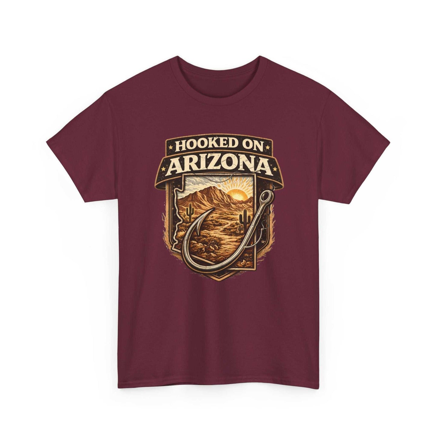 Vintage outdoors angler T-shirt by Big Sky Ranch Co. featuring fishing hooks and Arizona landscape design.