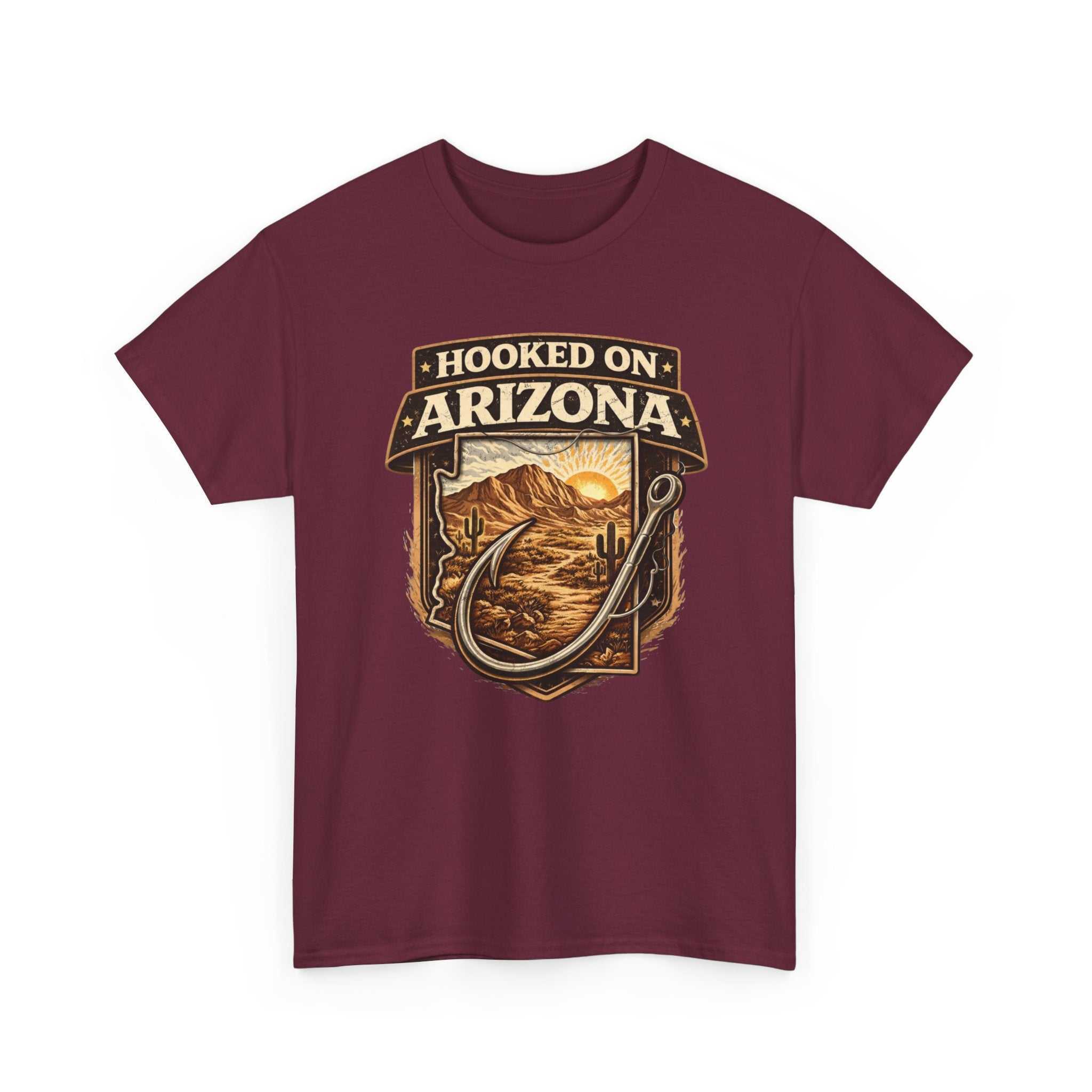 Vintage outdoors angler T-shirt by Big Sky Ranch Co. featuring fishing hooks and Arizona landscape design.