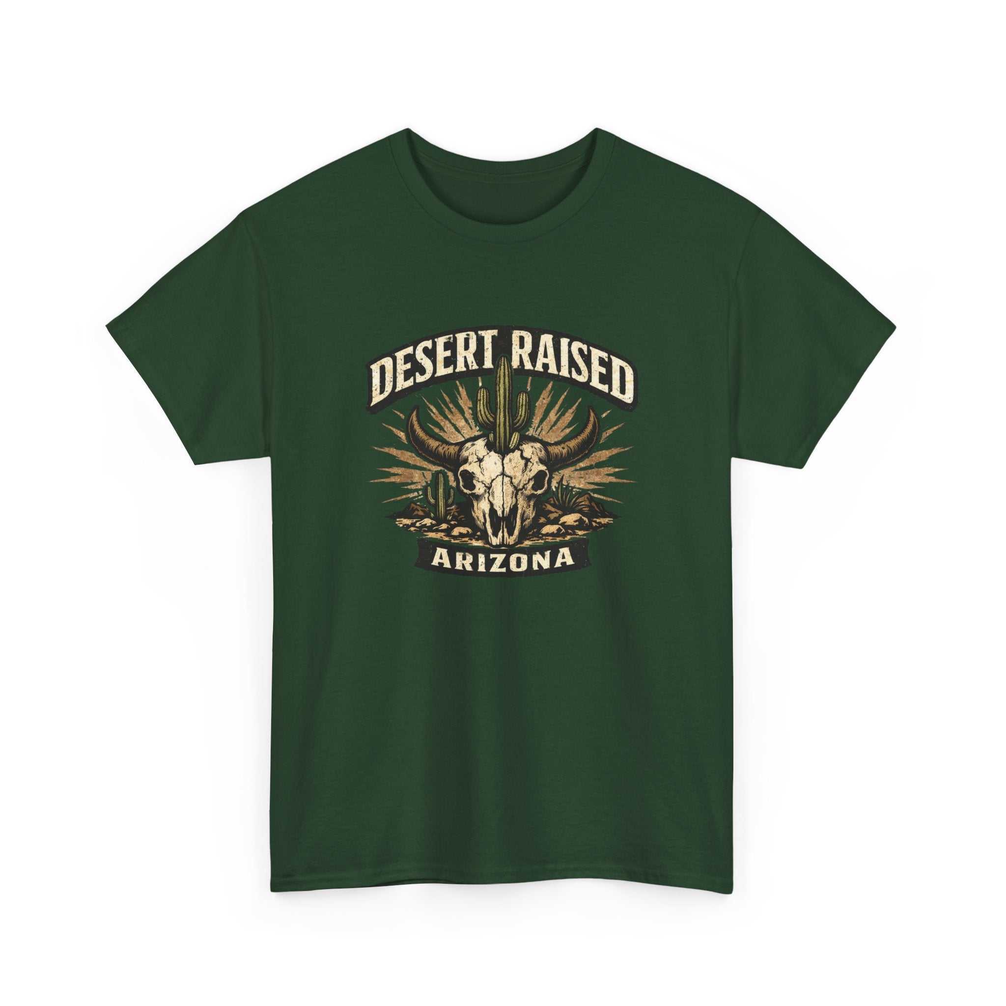 Desert Raised Arizona T-Shirt by Big Sky Ranch Co. featuring a southwestern skull and cactus graphic on a casual tee.