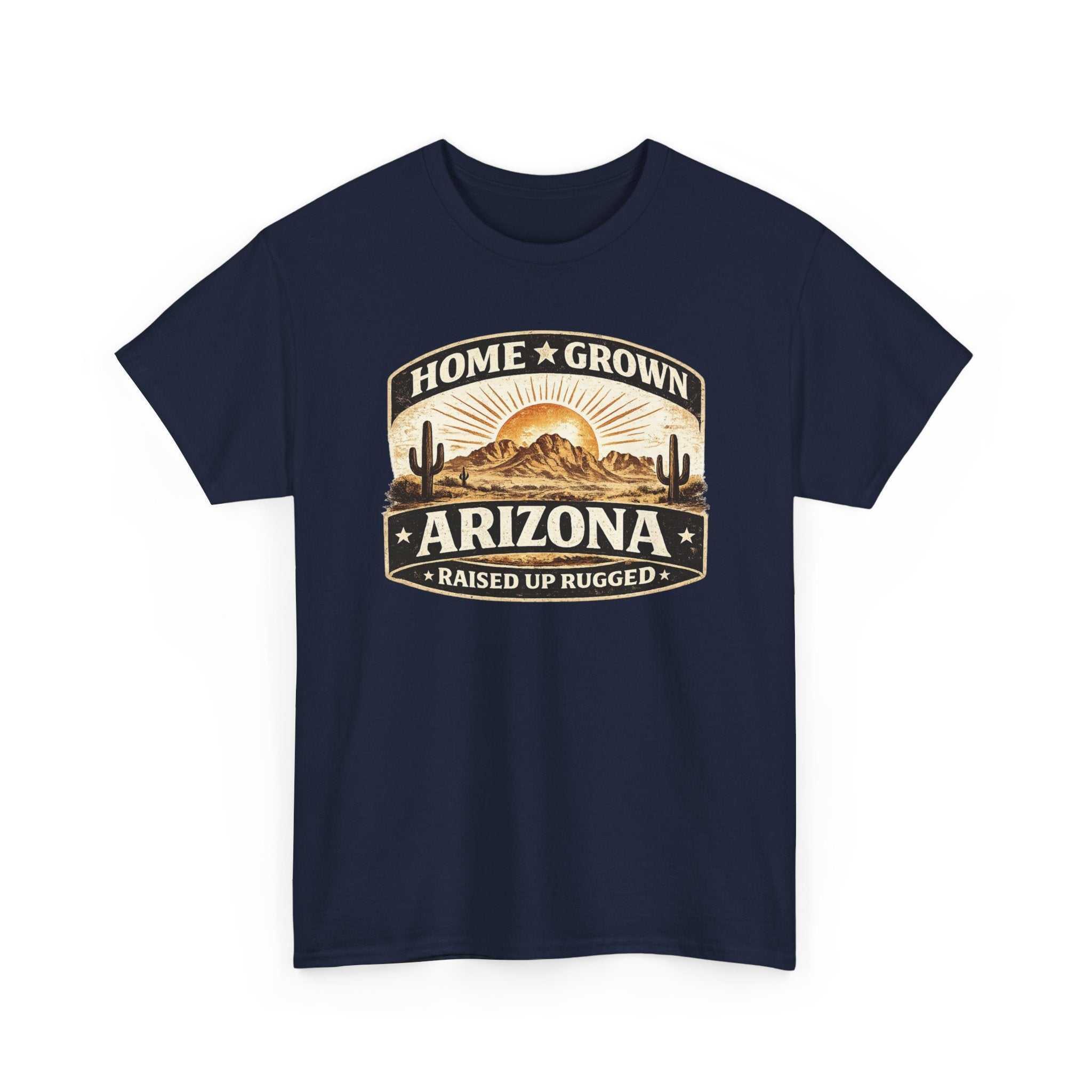 Big Sky Ranch Co. Arizona Home Grown T-Shirt featuring a desert sunset design with "Home Grown Arizona" slogan.