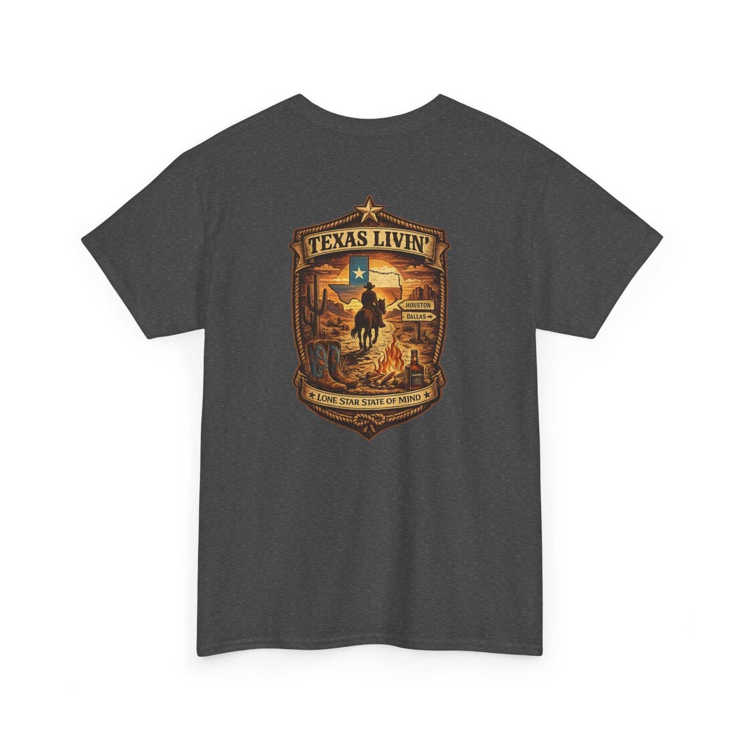 Navy blue T-shirt with Texas rodeo crest and cowboy scene