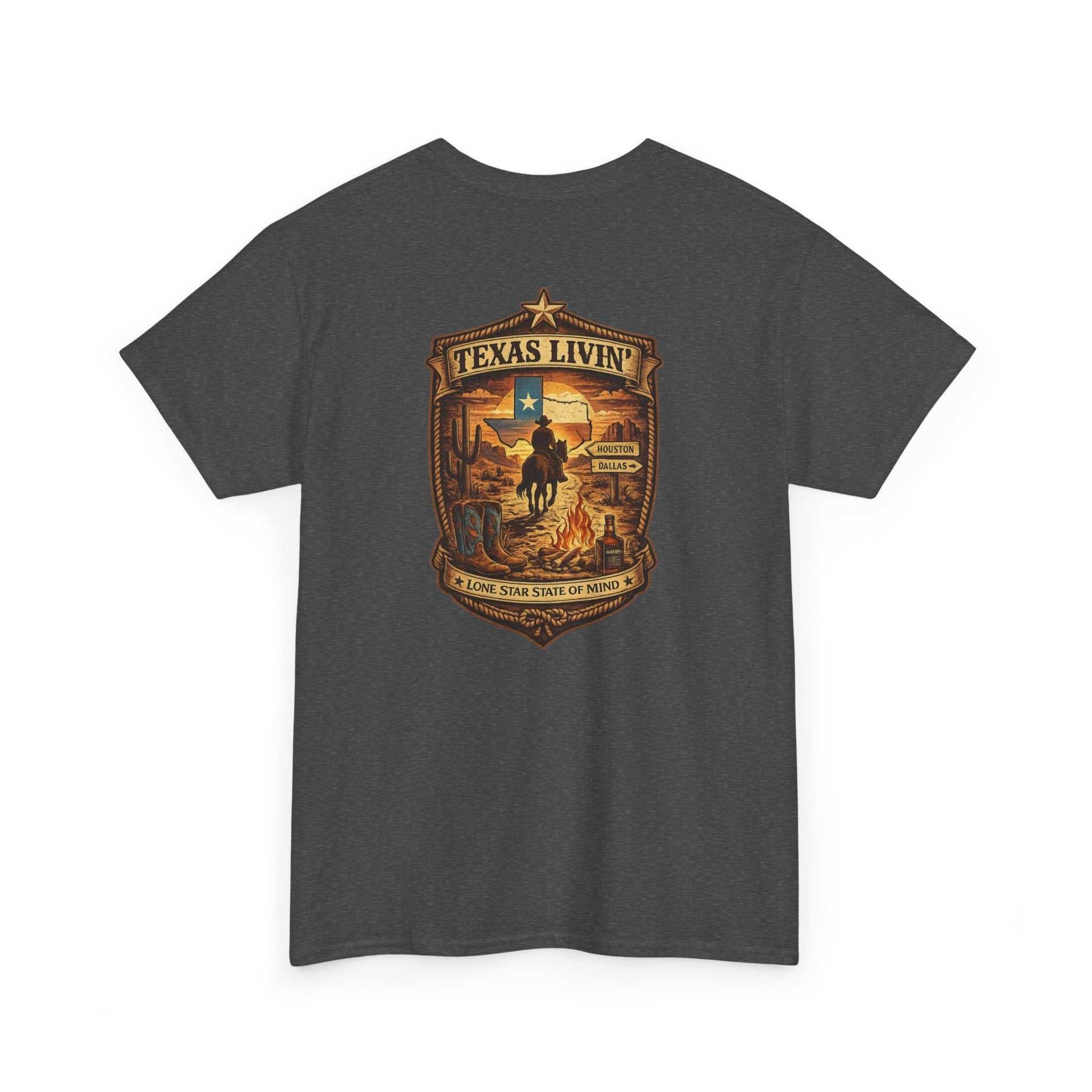 Navy blue T-shirt with Texas rodeo crest and cowboy scene