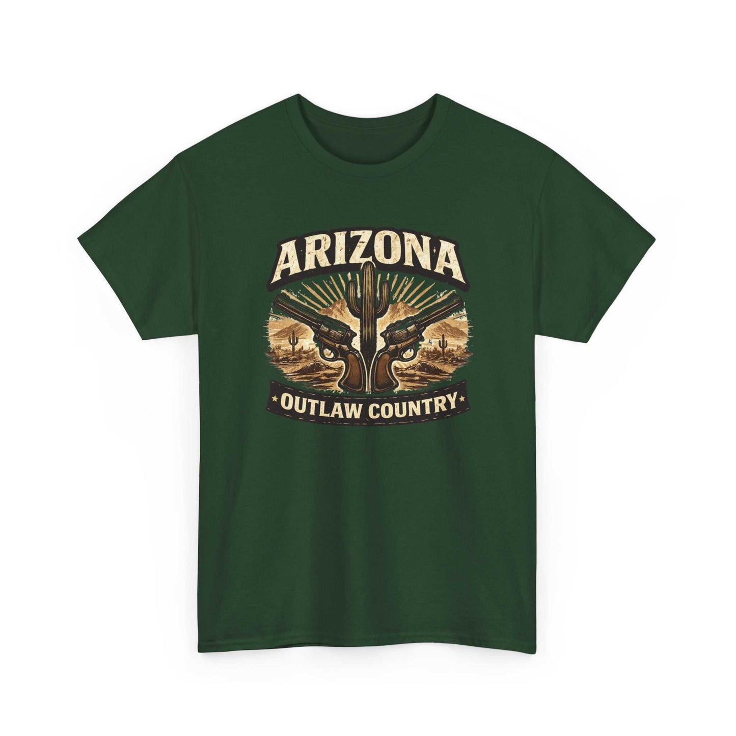 Arizona Outlaw Country T-Shirt by Big Sky Ranch Co., with desert cactus western graphic on a casual cotton tee.