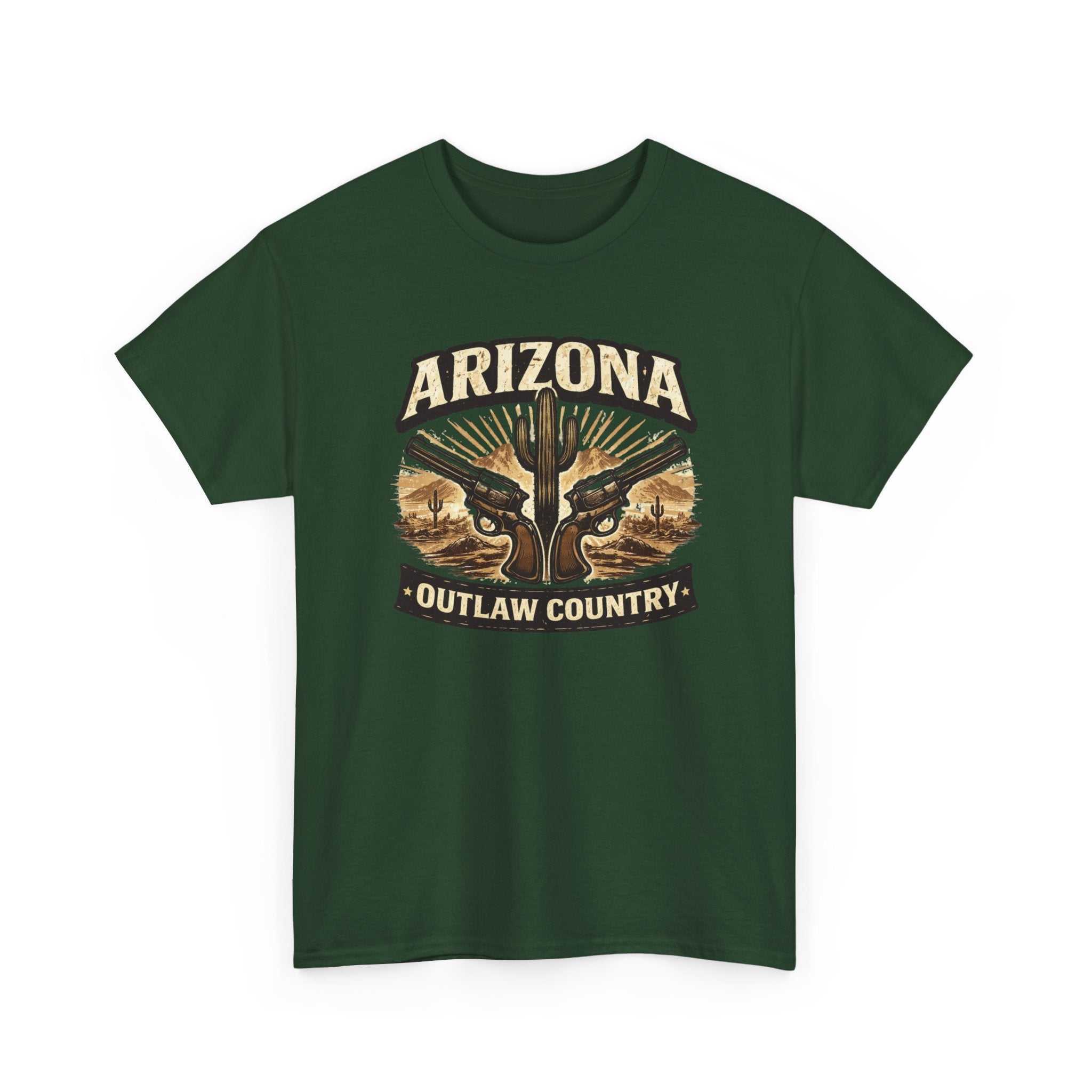 Arizona Outlaw Country T-Shirt by Big Sky Ranch Co., with desert cactus western graphic on a casual cotton tee.