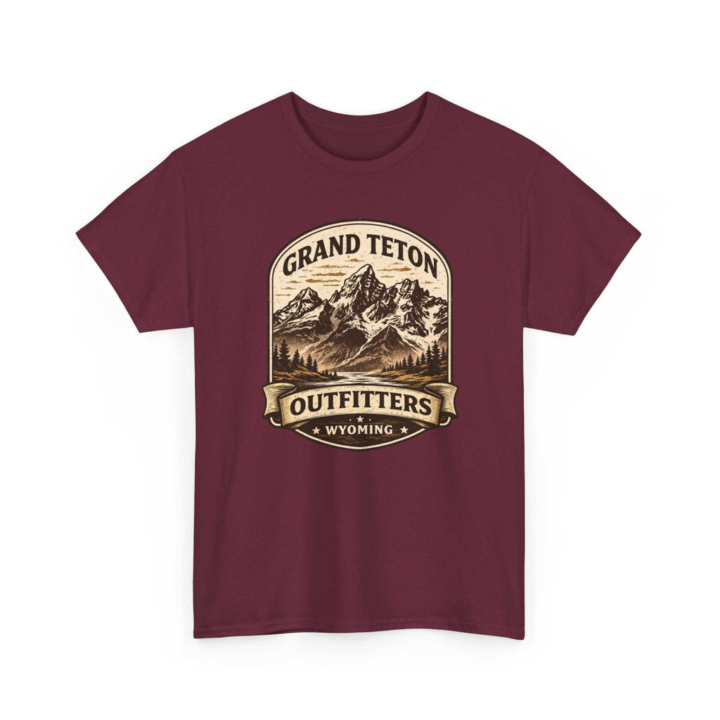 Big Sky Ranch Co. Grand Teton Outfitters Wyoming mountain adventure T-shirt with mountain and outdoor landscape print.