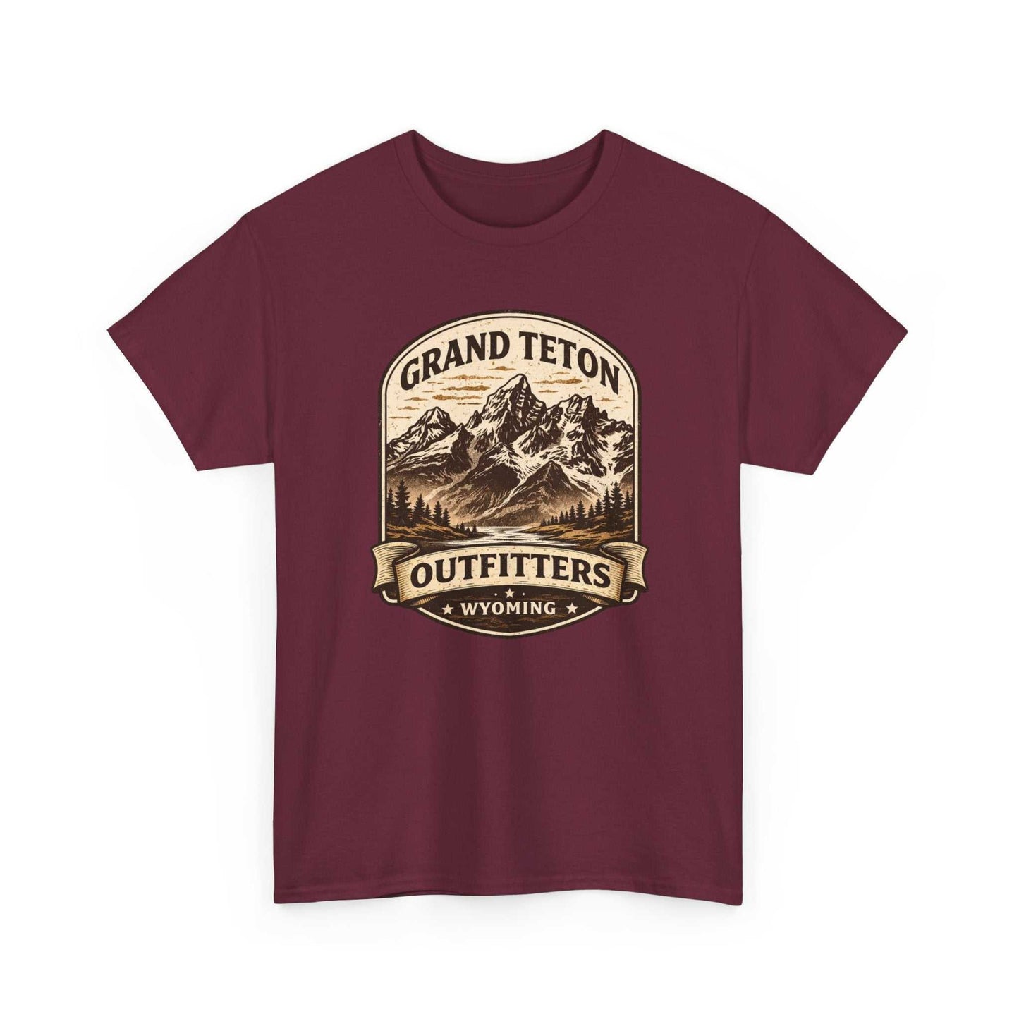 Big Sky Ranch Co. Grand Teton Outfitters Wyoming mountain adventure T-shirt with mountain and outdoor landscape print.