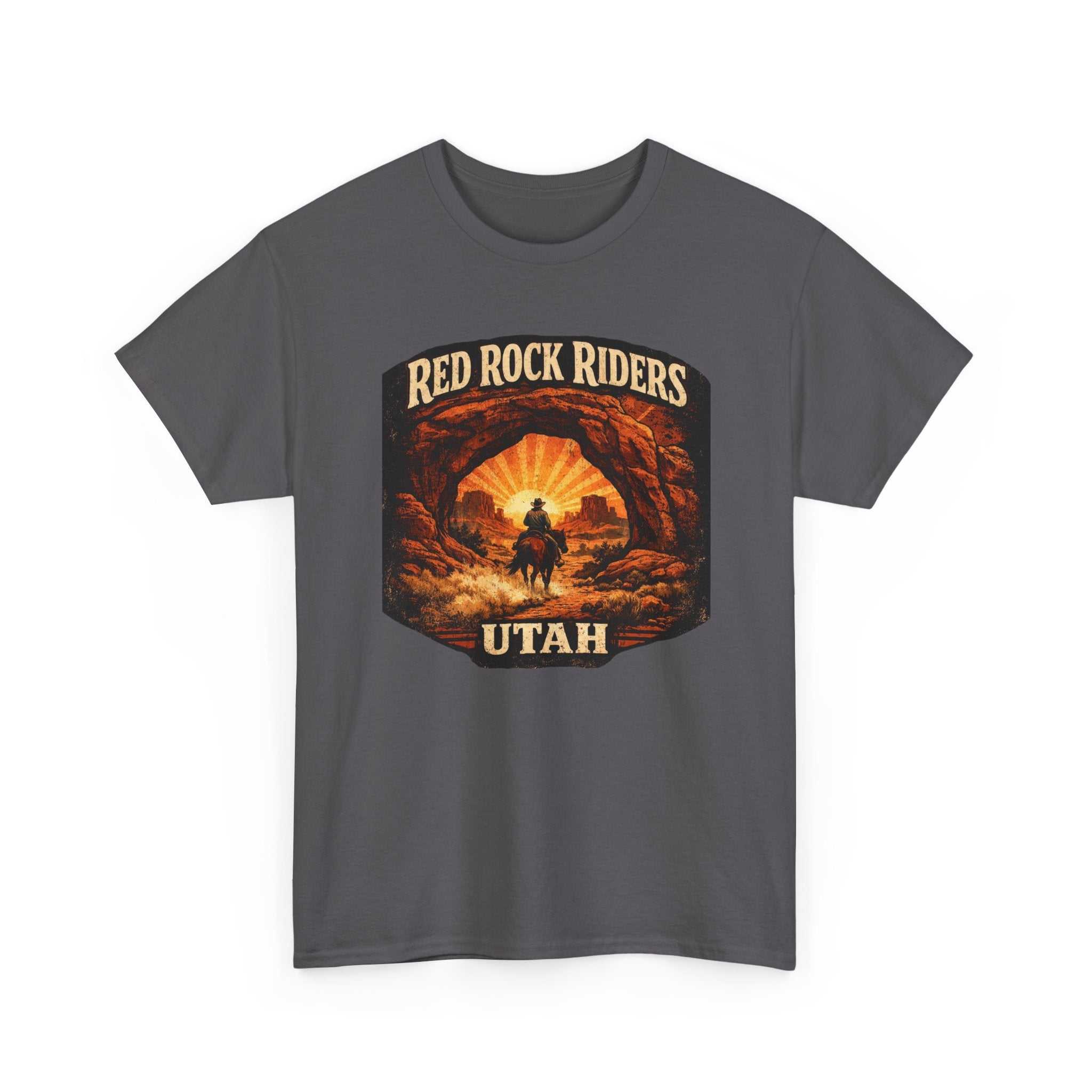 Red Rock Riders Utah T-Shirt by Big Sky Ranch Co. featuring a vintage motorcycle sunset graphic on a casual cotton tee.