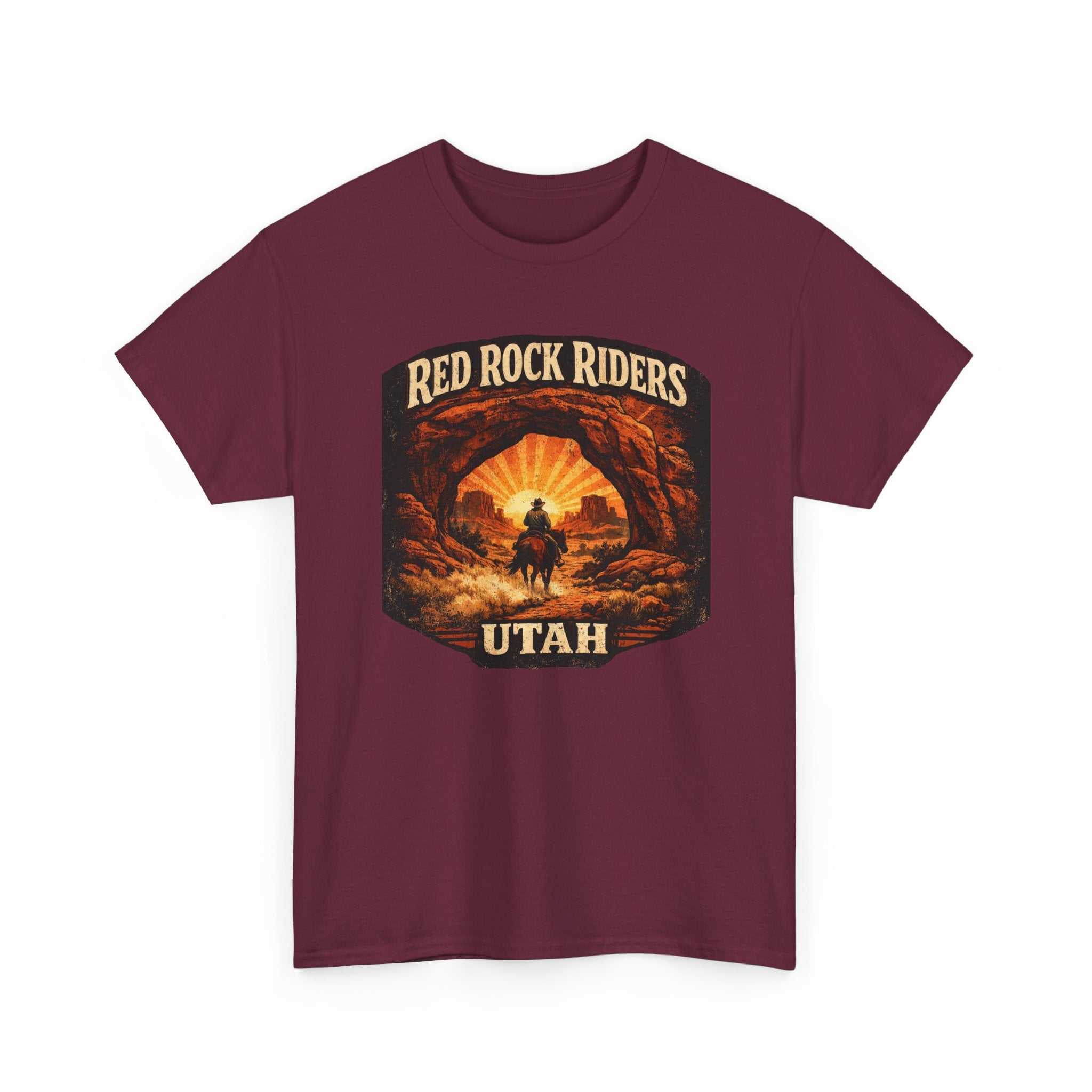 Red Rock Riders Utah vintage motorcycle sunset graphic T-shirt by Big Sky Ranch Co. featuring bold motorcycle and sunset design.