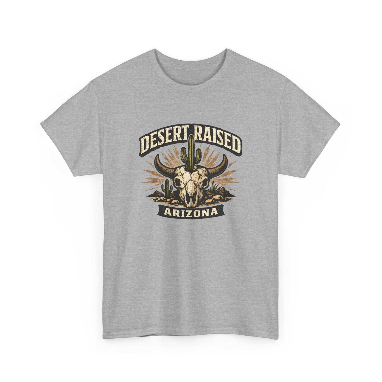 Desert Raised Arizona T-Shirt by Big Sky Ranch Co. featuring a Southwestern skull and cactus graphic on a casual tee.