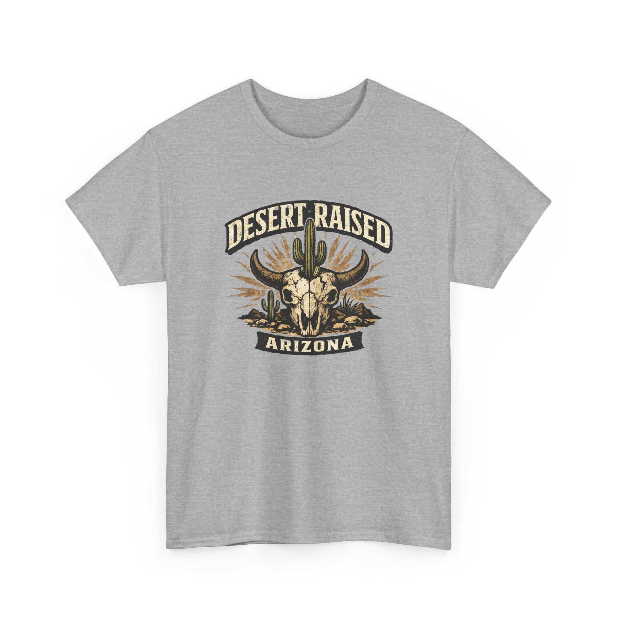 Desert Raised Arizona T-Shirt by Big Sky Ranch Co. featuring a Southwestern skull and cactus graphic on a casual tee.