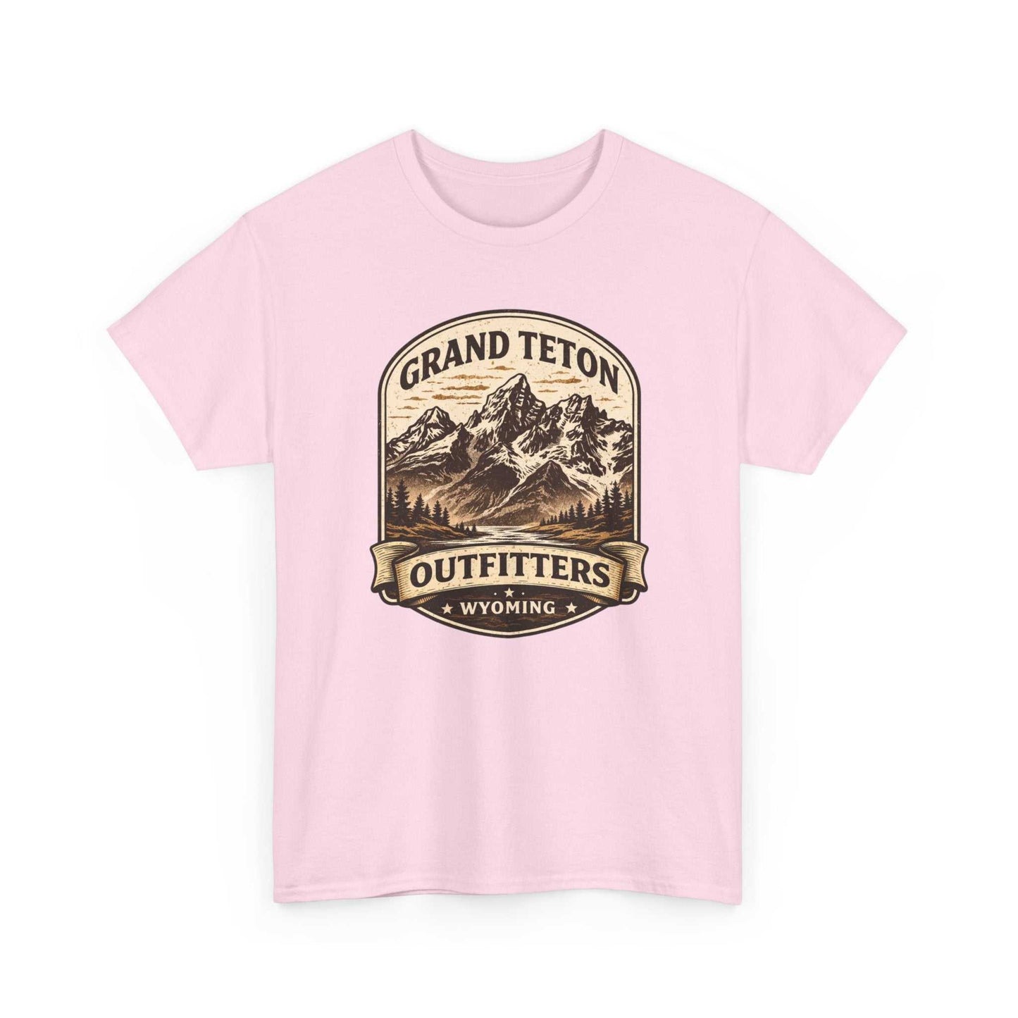 Big Sky Ranch Co. Grand Teton Outfitters Wyoming Mountain Adventure T-Shirt featuring mountain and outdoor scenery print.