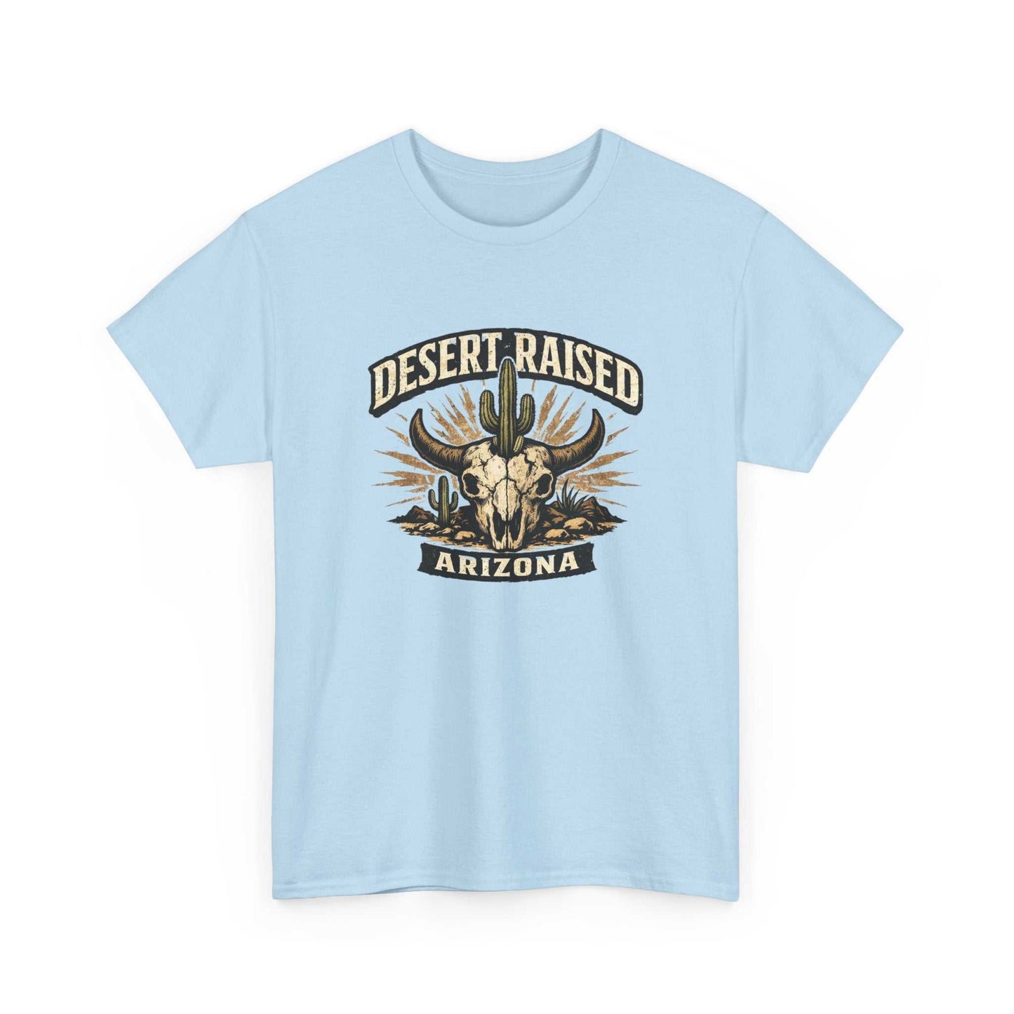 Desert Raised Arizona T-Shirt by Big Sky Ranch Co., featuring a Southwestern skull and cactus graphic design.