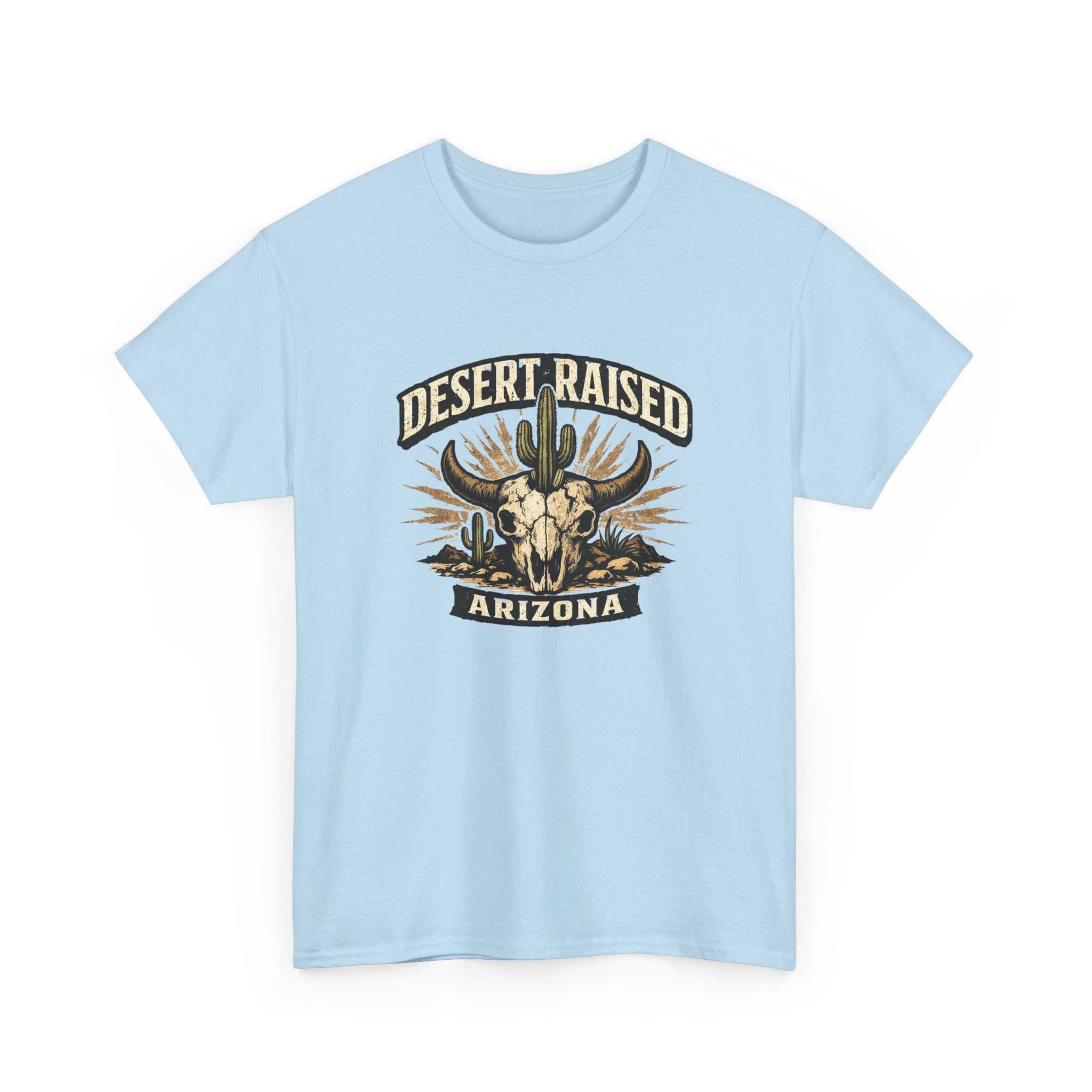 Desert Raised Arizona T-Shirt by Big Sky Ranch Co., featuring a Southwestern skull and cactus graphic design.