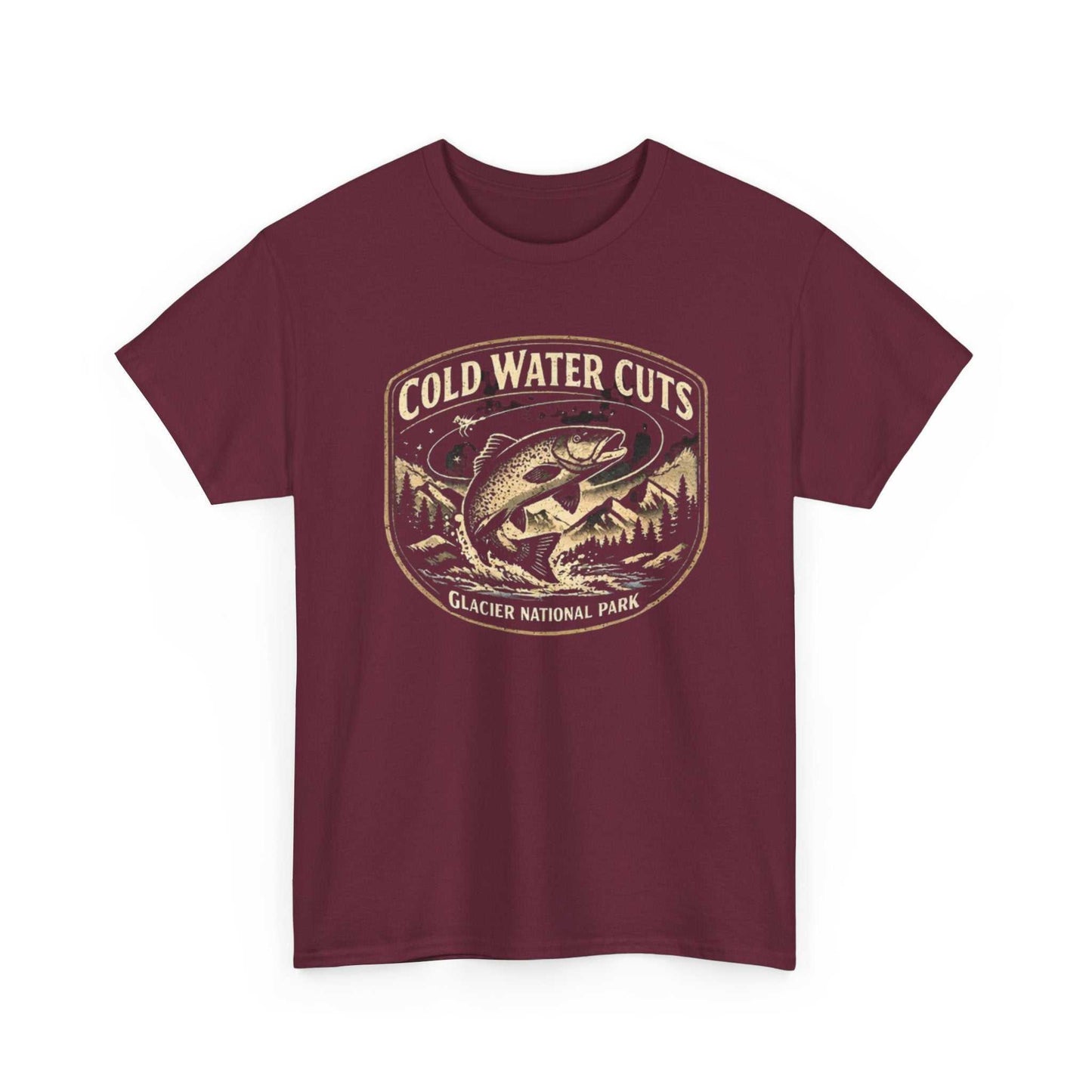 Fishing T-shirt from Big Sky Ranch Co. featuring a Glacier National Park fish graphic and "Cold Water Cuts" slogan.