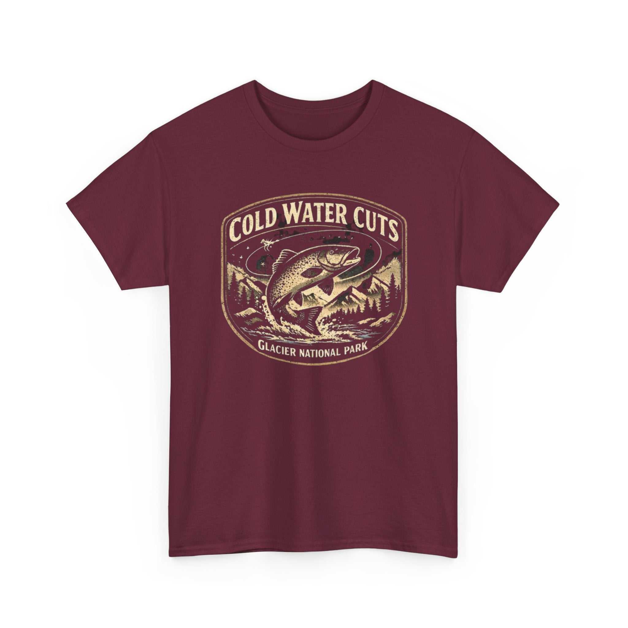 Fishing T-shirt from Big Sky Ranch Co. featuring a Glacier National Park fish graphic and "Cold Water Cuts" slogan.
