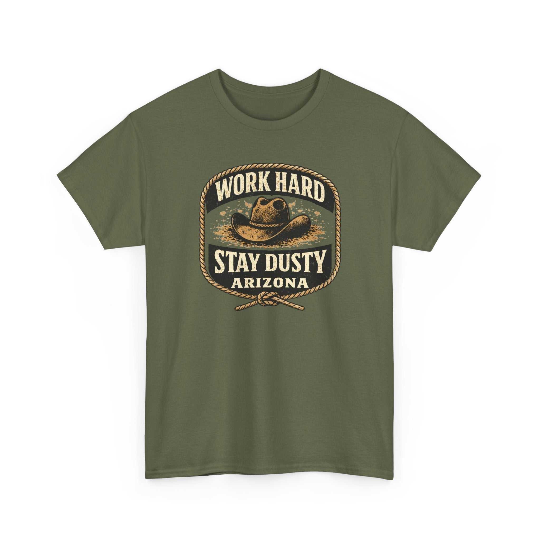 Vintage Arizona Work Hard Stay Dusty cowboy T-shirt by Big Sky Ranch Co. featuring western western-themed graphic on soft fabric.