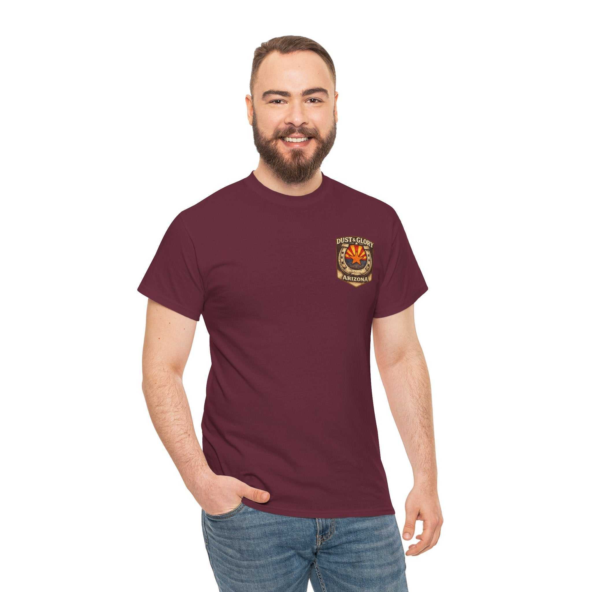 Arizona Desert Bighorn Ram T-Shirt by Big Sky Ranch Co., featuring a vintage-style desert scene with a bighorn ram graphic.