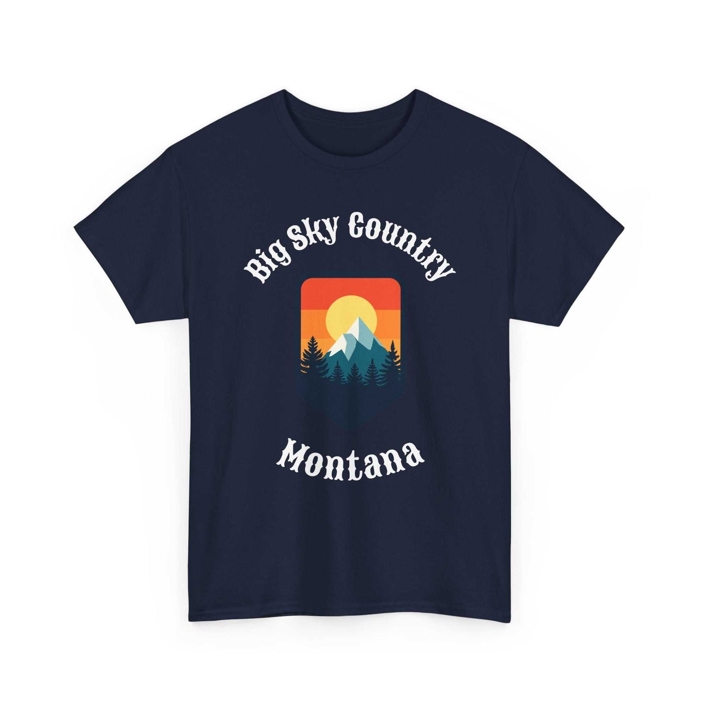 Big Sky Ranch Co. Montana Big Sky T-Shirt with retro mountain sunset graphic, featuring vibrant colors and outdoor-inspired design.