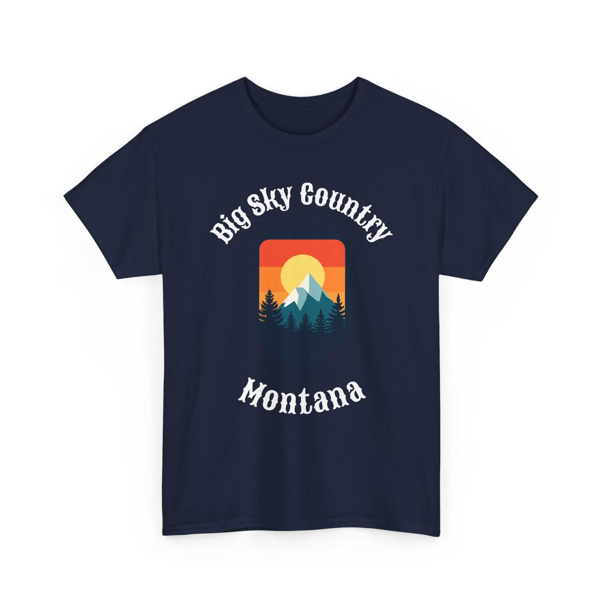 Big Sky Ranch Co. Montana Big Sky T-Shirt with retro mountain sunset graphic, featuring vibrant colors and outdoor-inspired design.